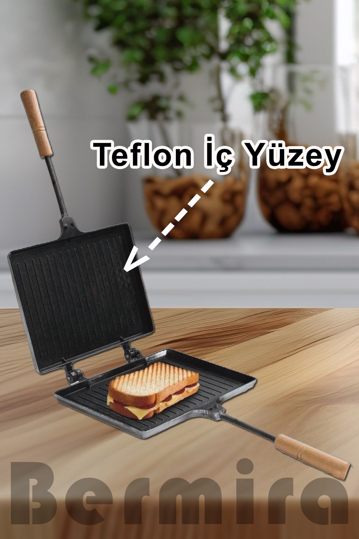 BERMİRA Home Collection Bermira Içi Teflon Ocak Üstü El Tost Makinesi 24cm x 18 cm