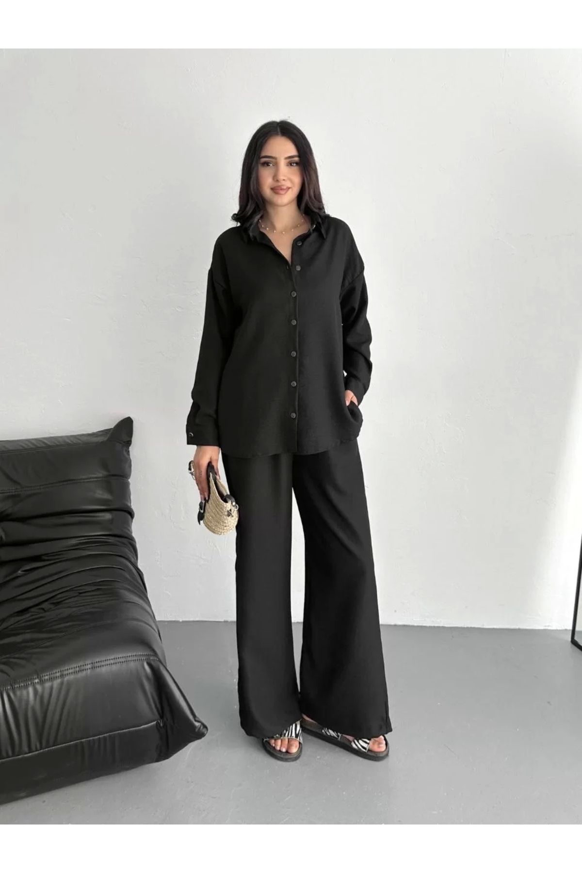 BÜŞRA TEZEL MODA Gömlek Pantolon ikili Takım - Siyah