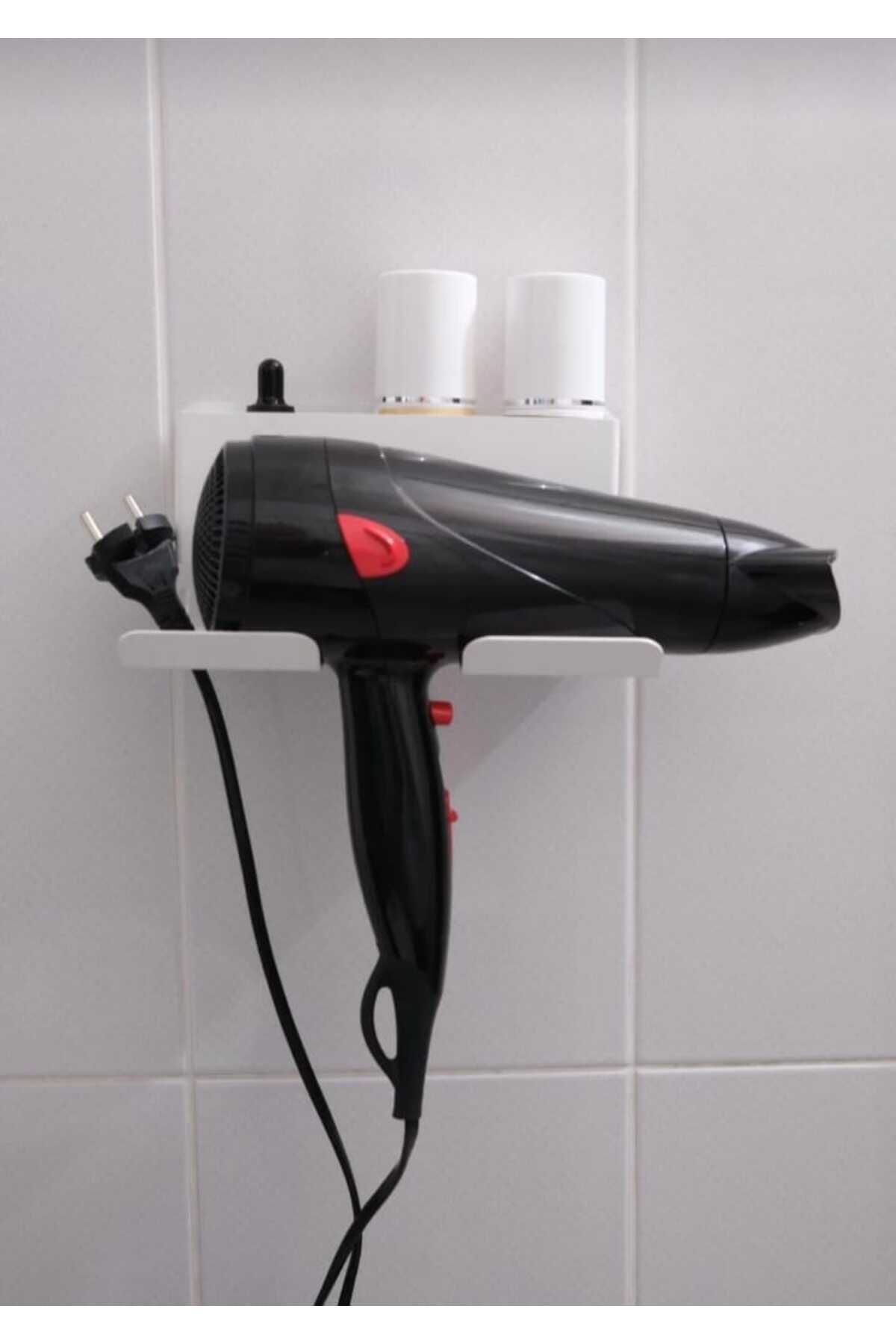Home Beyaz Metal Yapışkanlı Saç Kurutma Askısı Yapışkanlı Banyo Düzenleyici Organizer Fön Makinelik