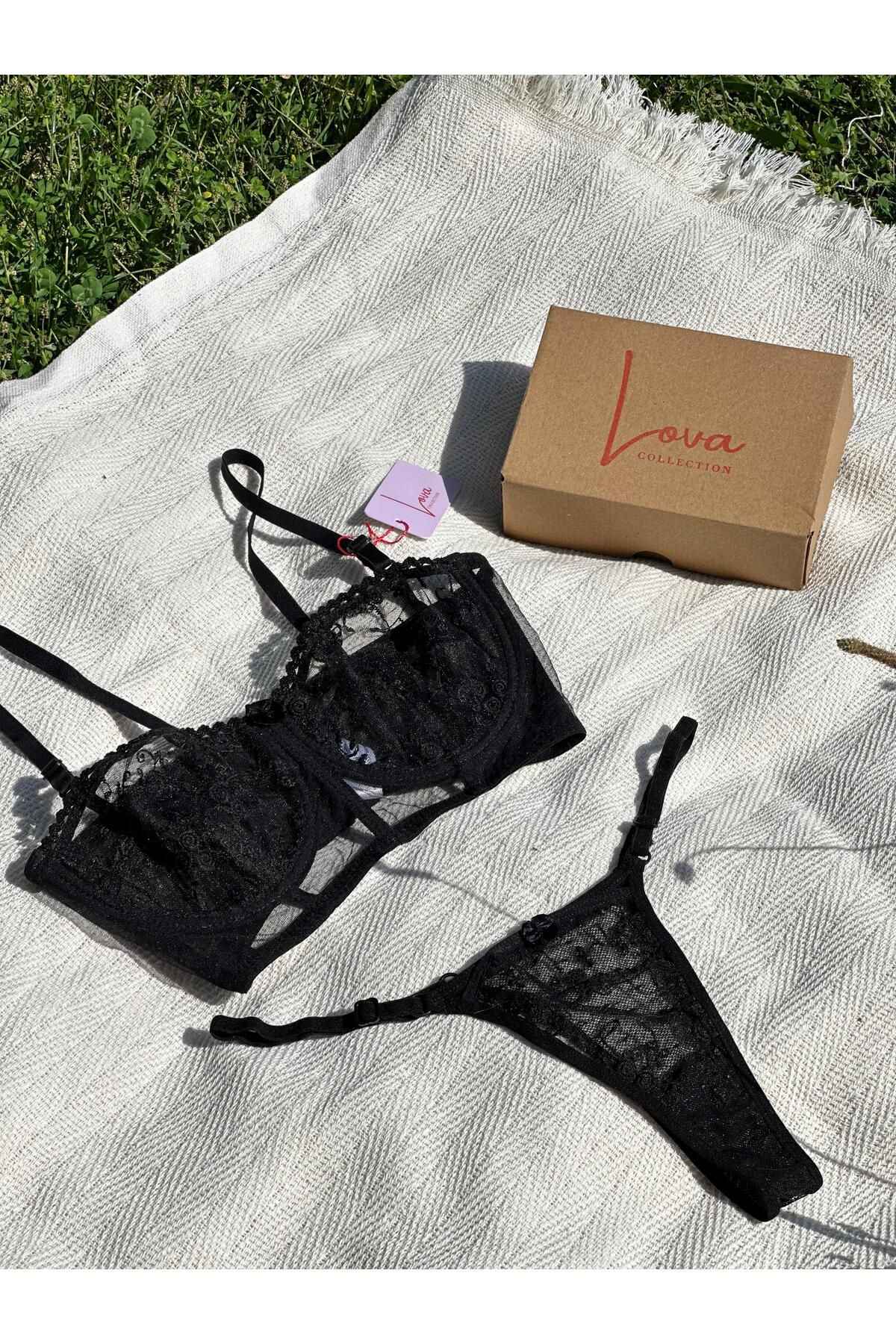 Lova Collection Jena Çiçek Desenli Straplez/Askılı Siyah Bralet Takım