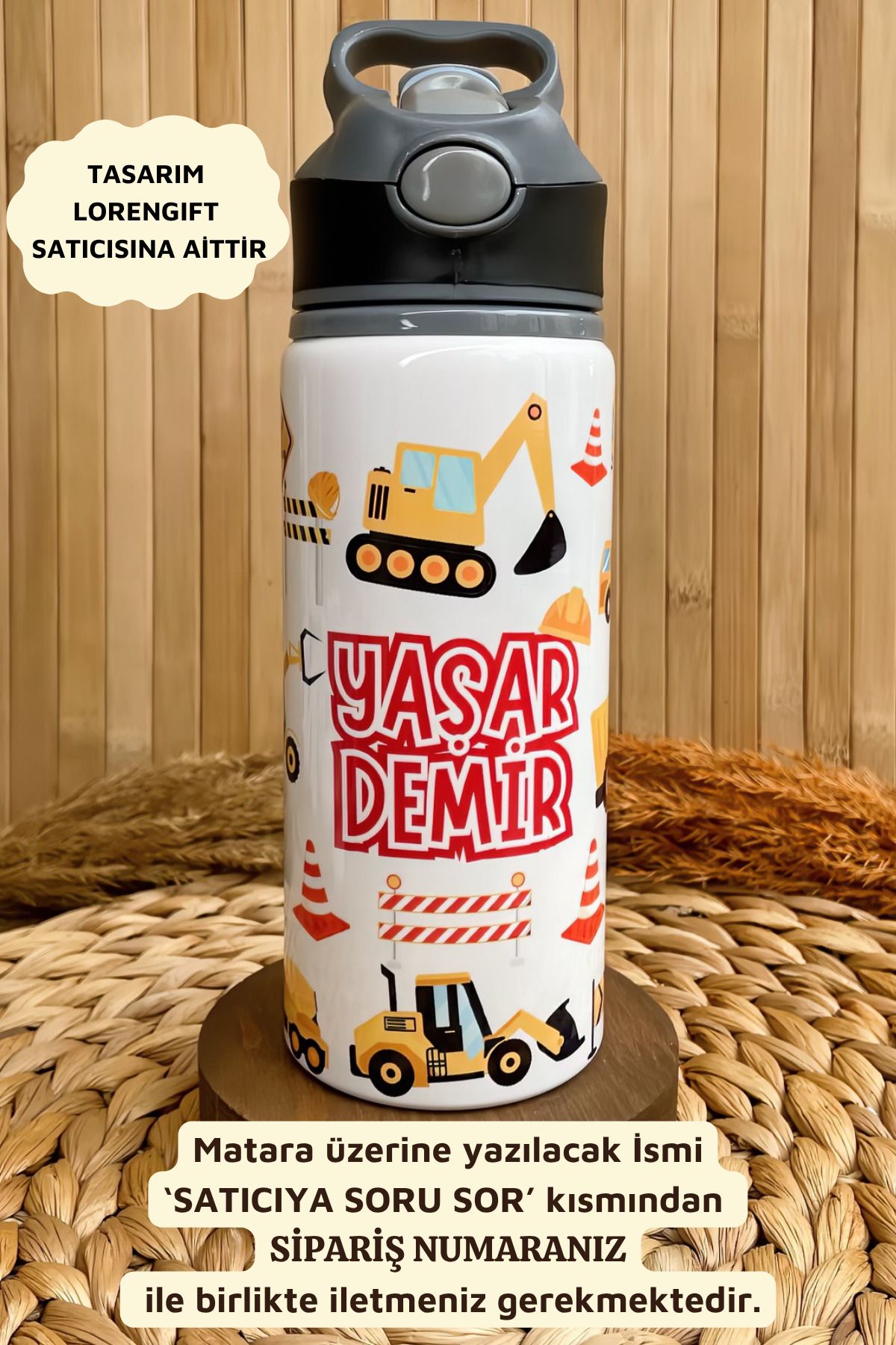 LorenGift Kişiye Özel İsimli İş Makineli Çocuk Pipetli Suluk Matara 650 ml