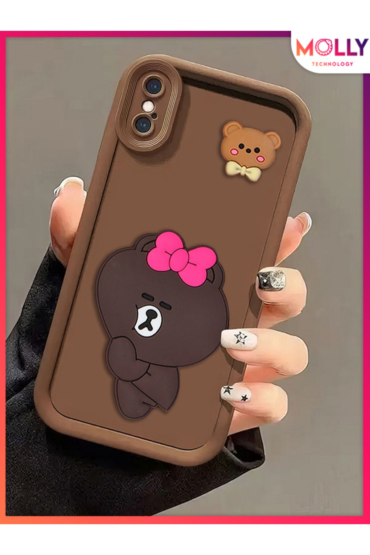 Molly iPhone XS MAX İçin Fallow Brown Kenarları Kalın 3d Kabartmalı Alice Bear Silikon Kılıf