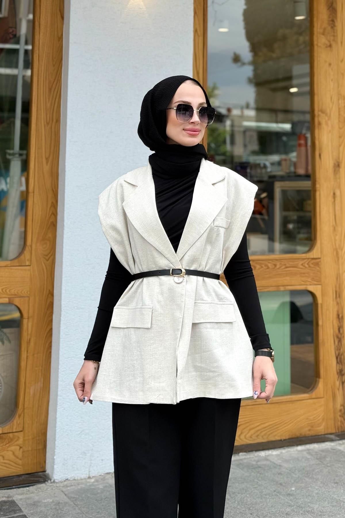 MERVE KAYKISIZ Oversize Keten Yelek Bej