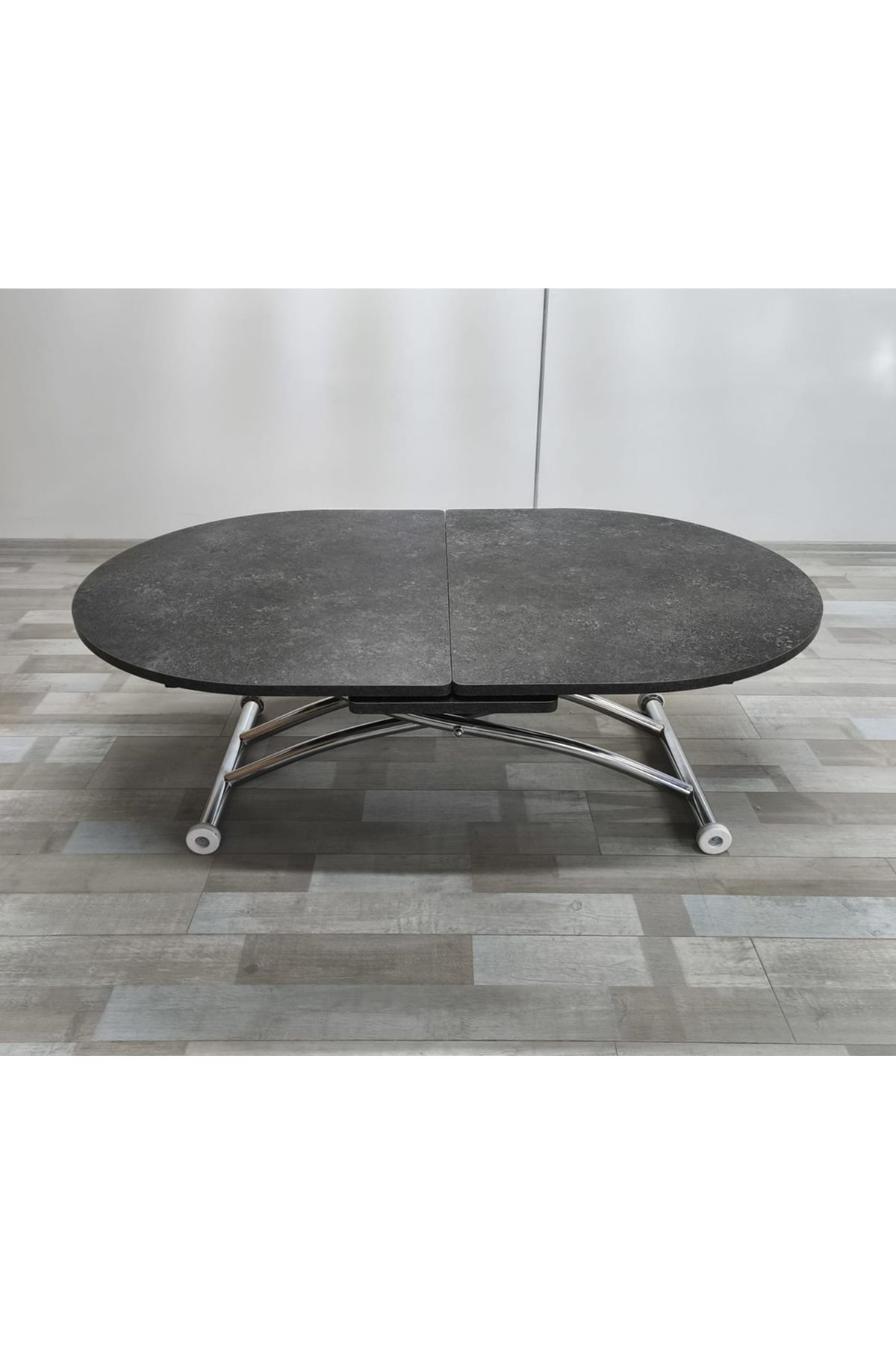 SEHPAM AKILLI Ortadan Açılır Akıllı Yemek Masası Oval Mdf Tabla Alt Mekanizma Metal Krom Kaplama