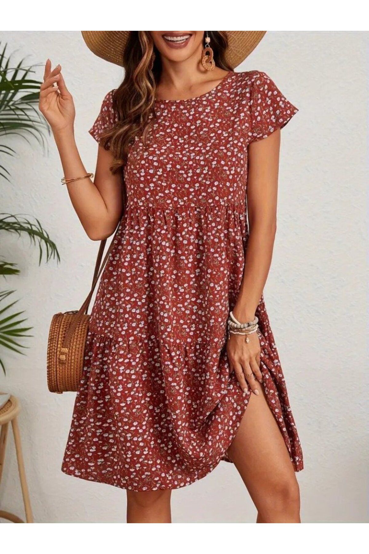 velmorafashion Kadın Kısa Kollu Bisiklet Yaka çiçek Desenli Süprem Elbise