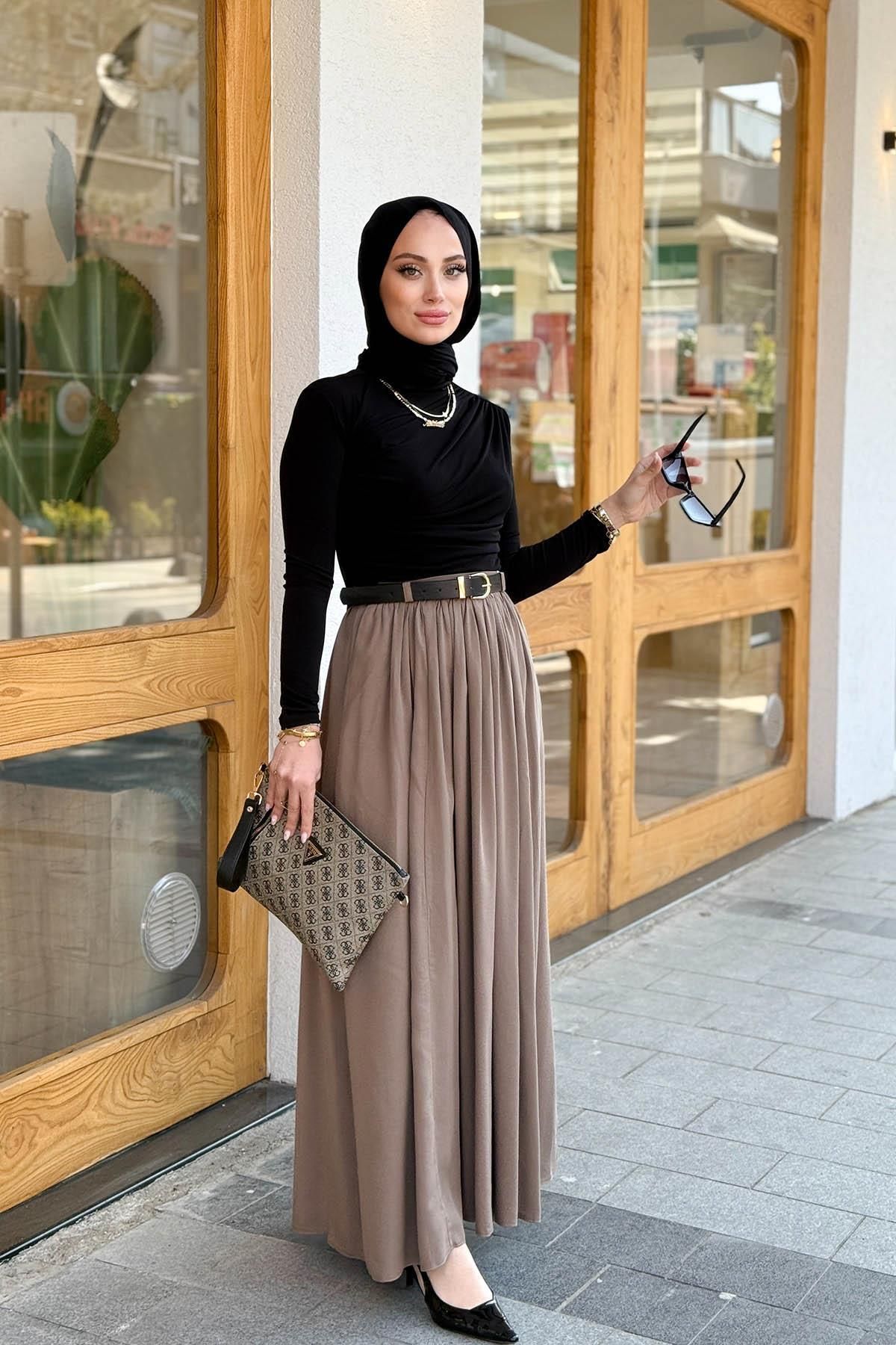 MERVE KAYKISIZ Modal Kemerli Etek Sütlü Kahve