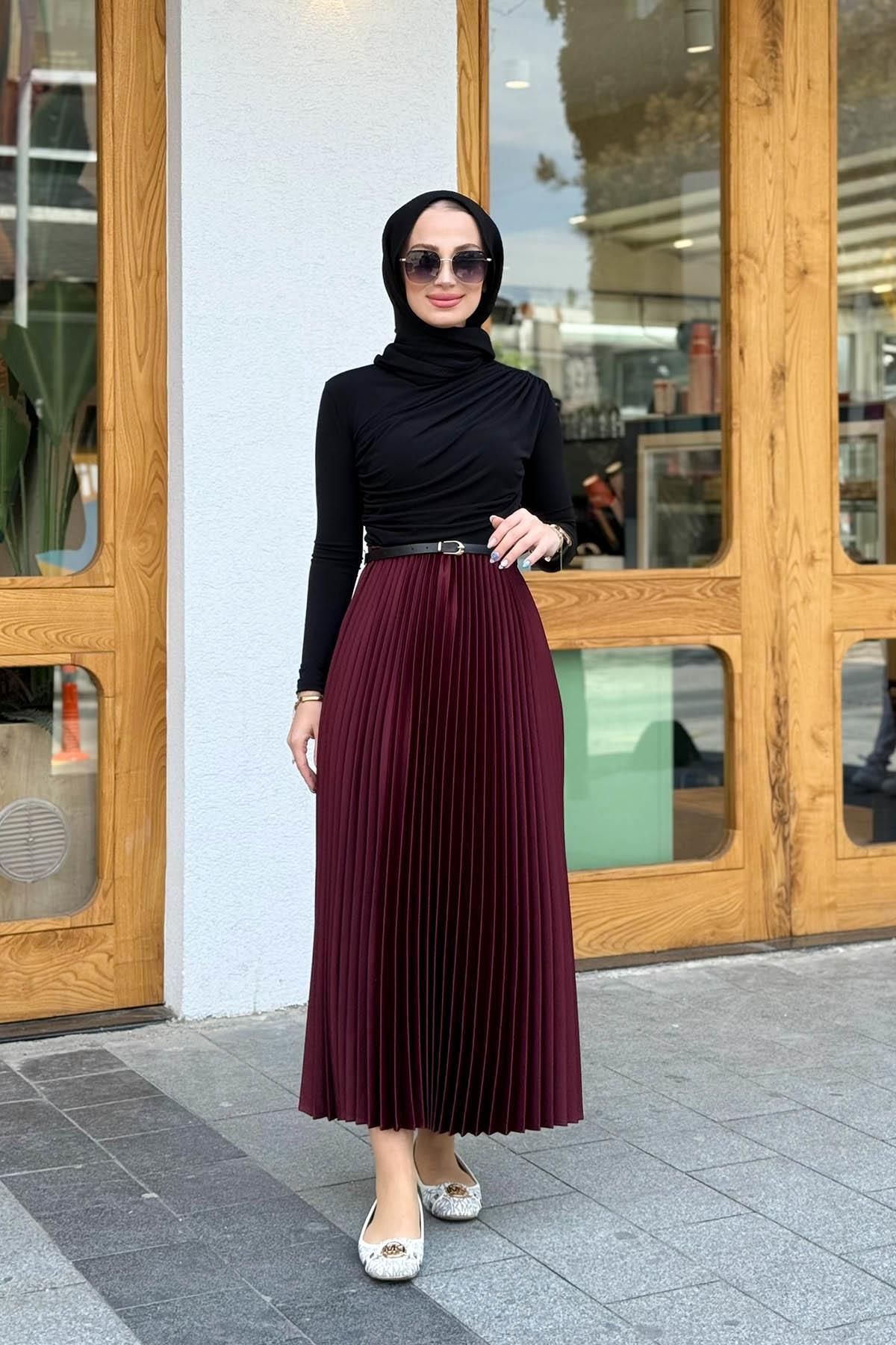 MERVE KAYKISIZ Sık Pilise Saten Etek Bordo