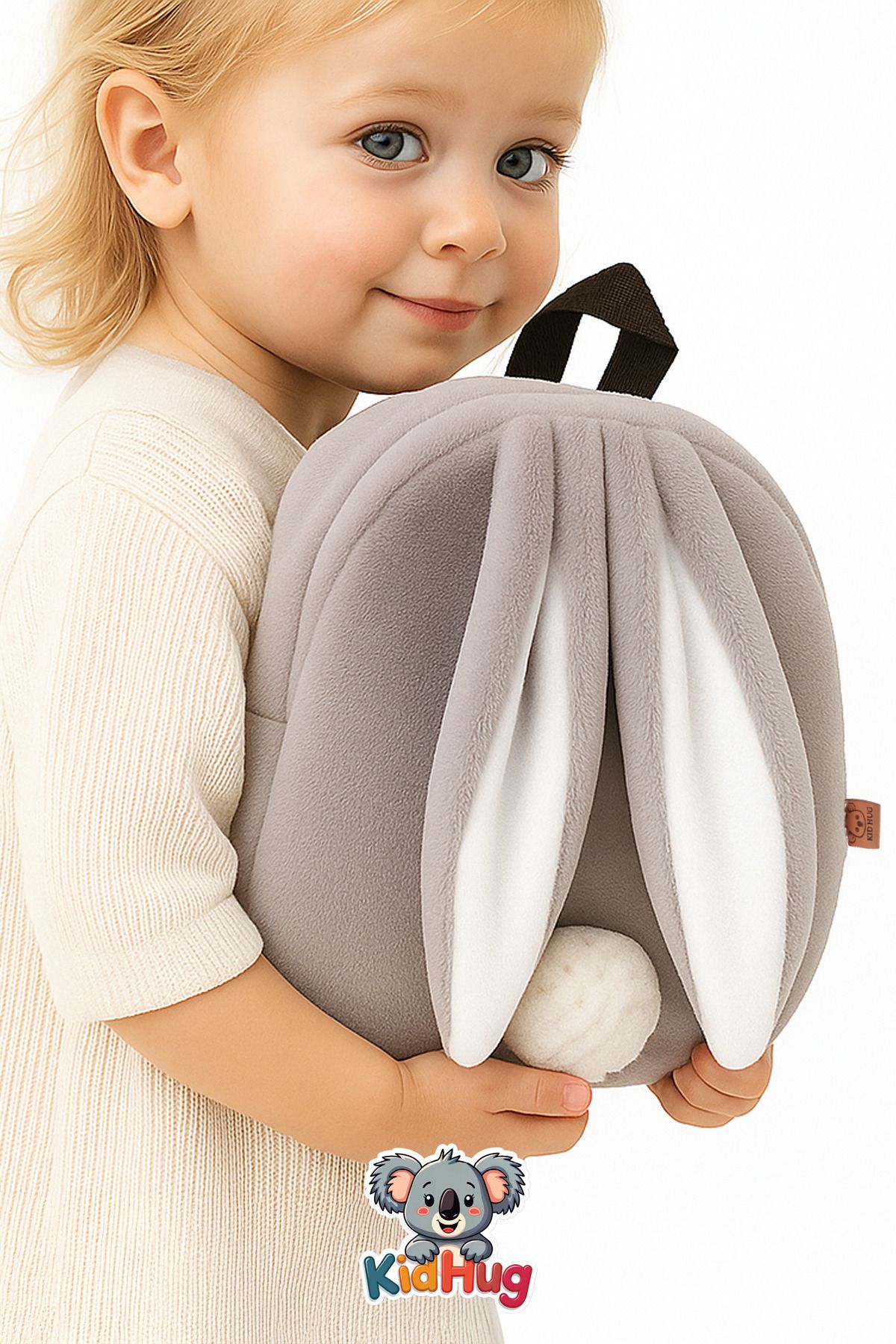 KidHug Gri Tavşan Kulaklı Peluş Sırt Çantası Çocuk Çantası | 27 CM | Yumuşak Sırt Çantası