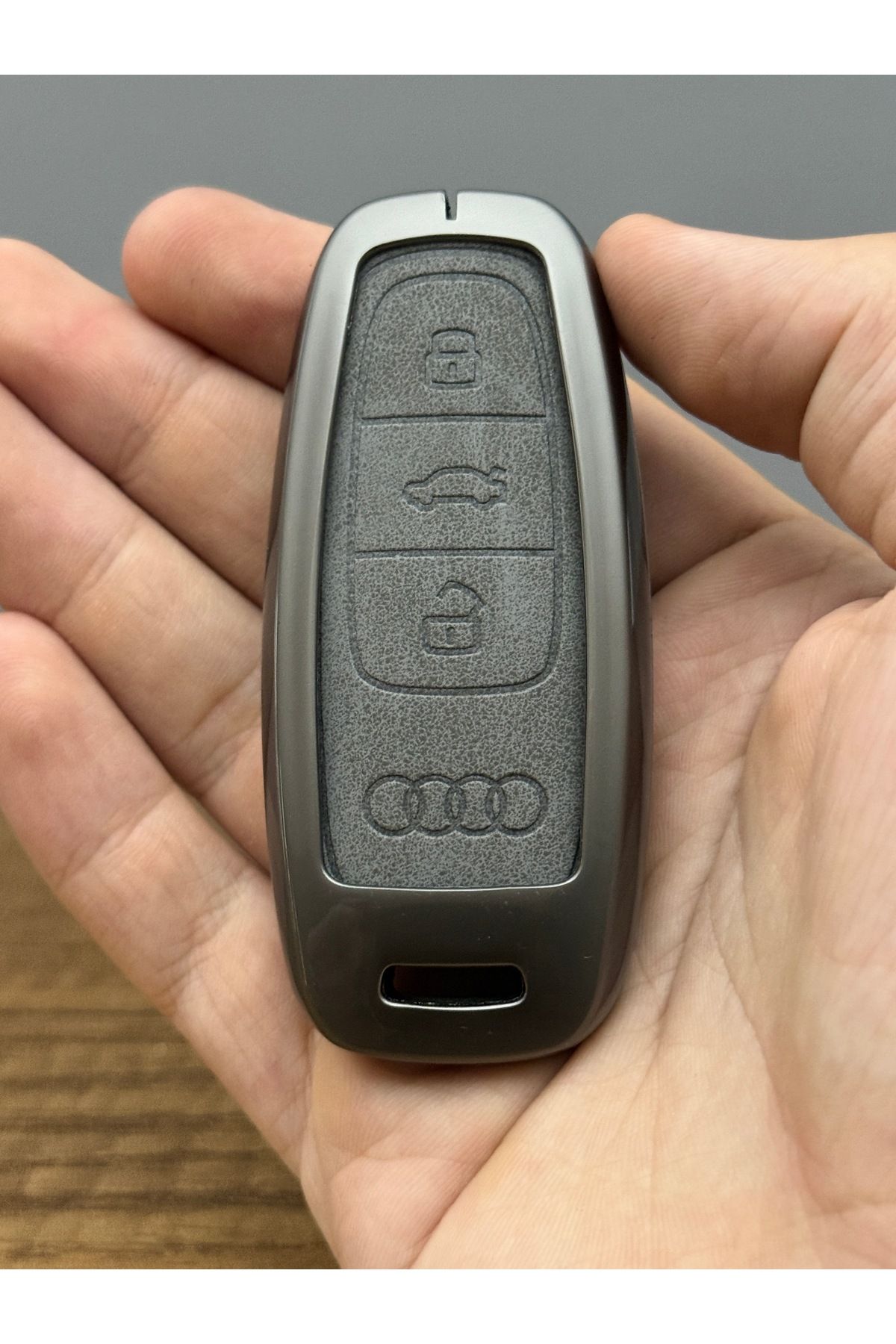 Mavi Keys Audi Smart Yeni Kasa A6 C8 4K A8 Q8 D5 4N Q7 3 Düğmelı Deri Metal Anahtar Koruma Kılıfı Gri Renk