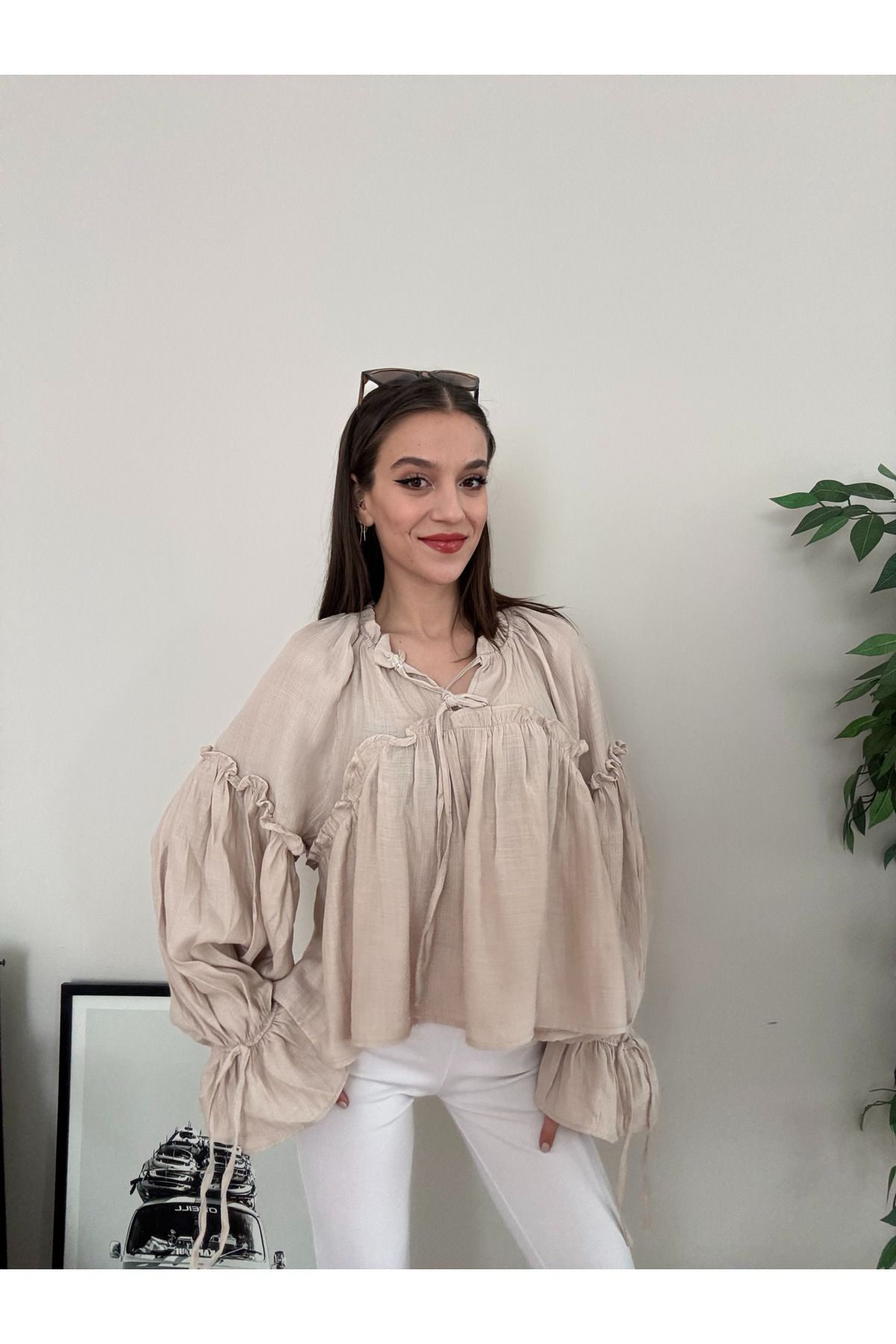 LUVESSE Pixy Bağlama Detaylı Ekru Bluz