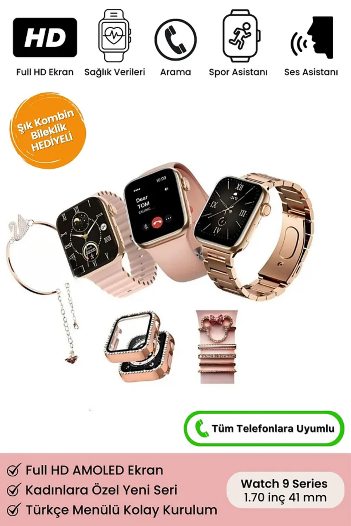 İMEXTECH Kadın Akıllı Saat Rose Gold G 9 Mini Pluss 3 Kordon/Watch Kılıf/Bileklik/Charm Süs Hediyeli