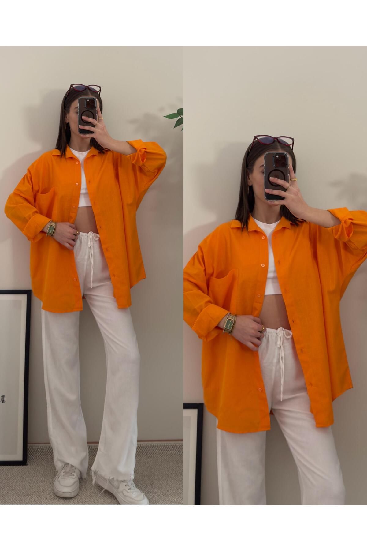 LUVESSE İris Turuncu Oversize Tek Cep Keten Gömlek