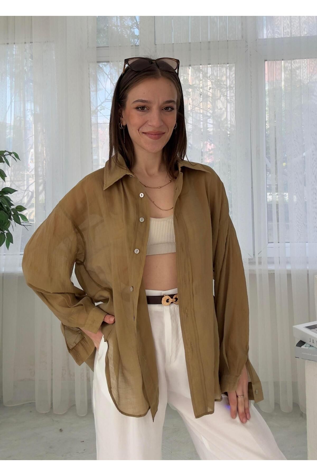 LUVESSE Voly Haki İpeksi Oversize Gömlek