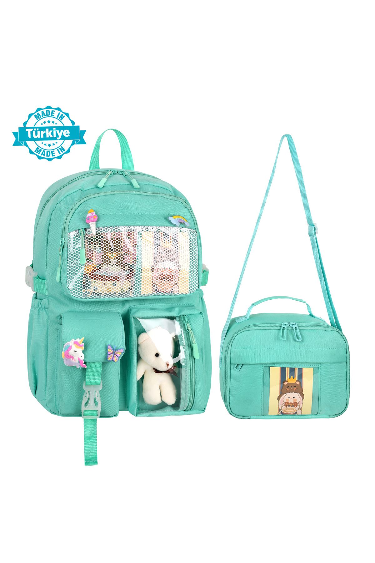 WMİLANO Kawaii Kore Tarzı Aksesuarlı İlkokul Sırt Çantası Kız Ve Termoslu Beslenme Çantası Set