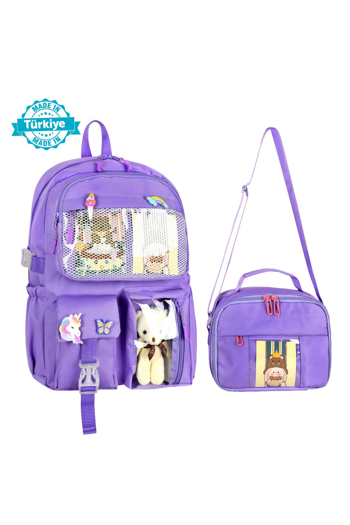 WMİLANO Kawaii Kore Tarzı Aksesuarlı İlkokul Sırt Çantası Kız Ve Termoslu Beslenme Çantası Set