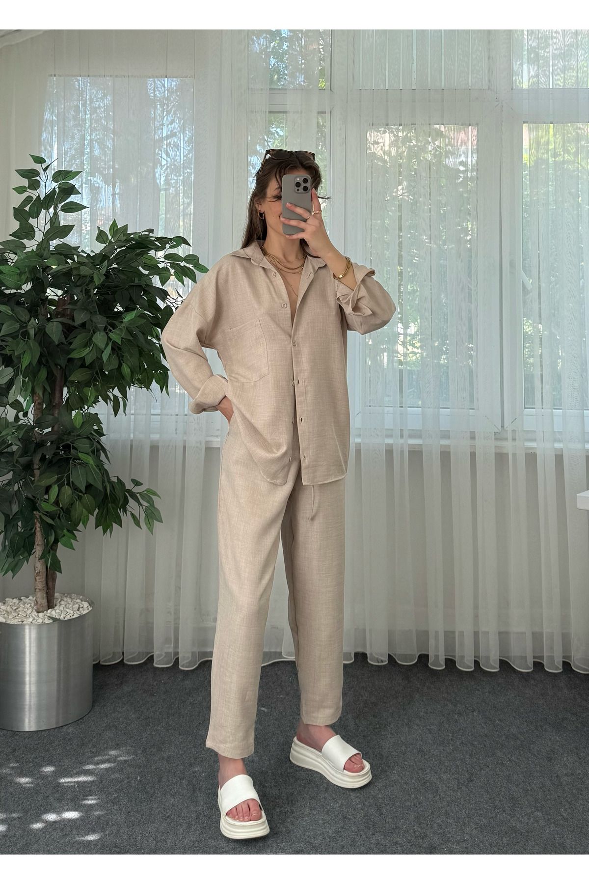 LUVESSE Sorella Taş Keten Gömlekli Takım