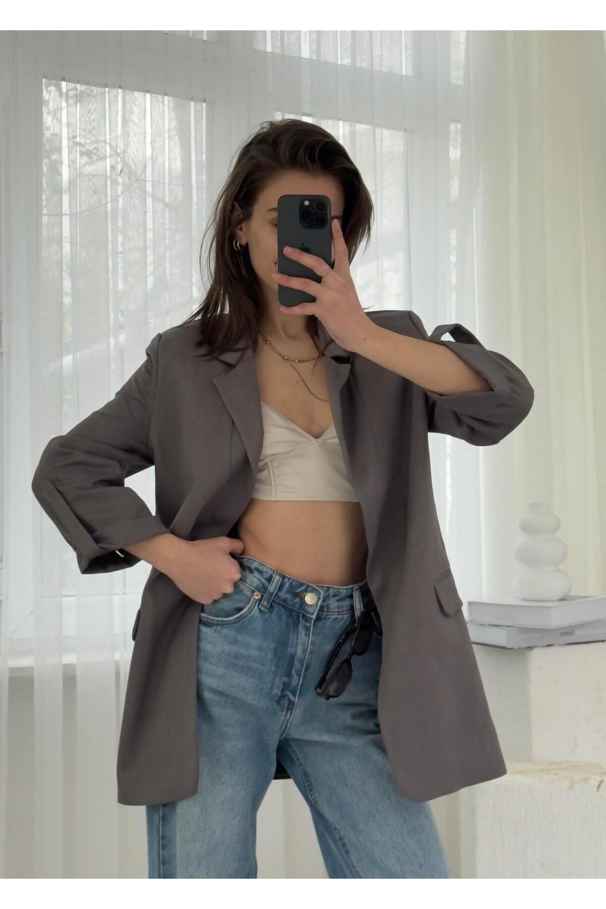 LUVESSE Helen Gri Premium Kol Katlamalı Poliviskon Blazer