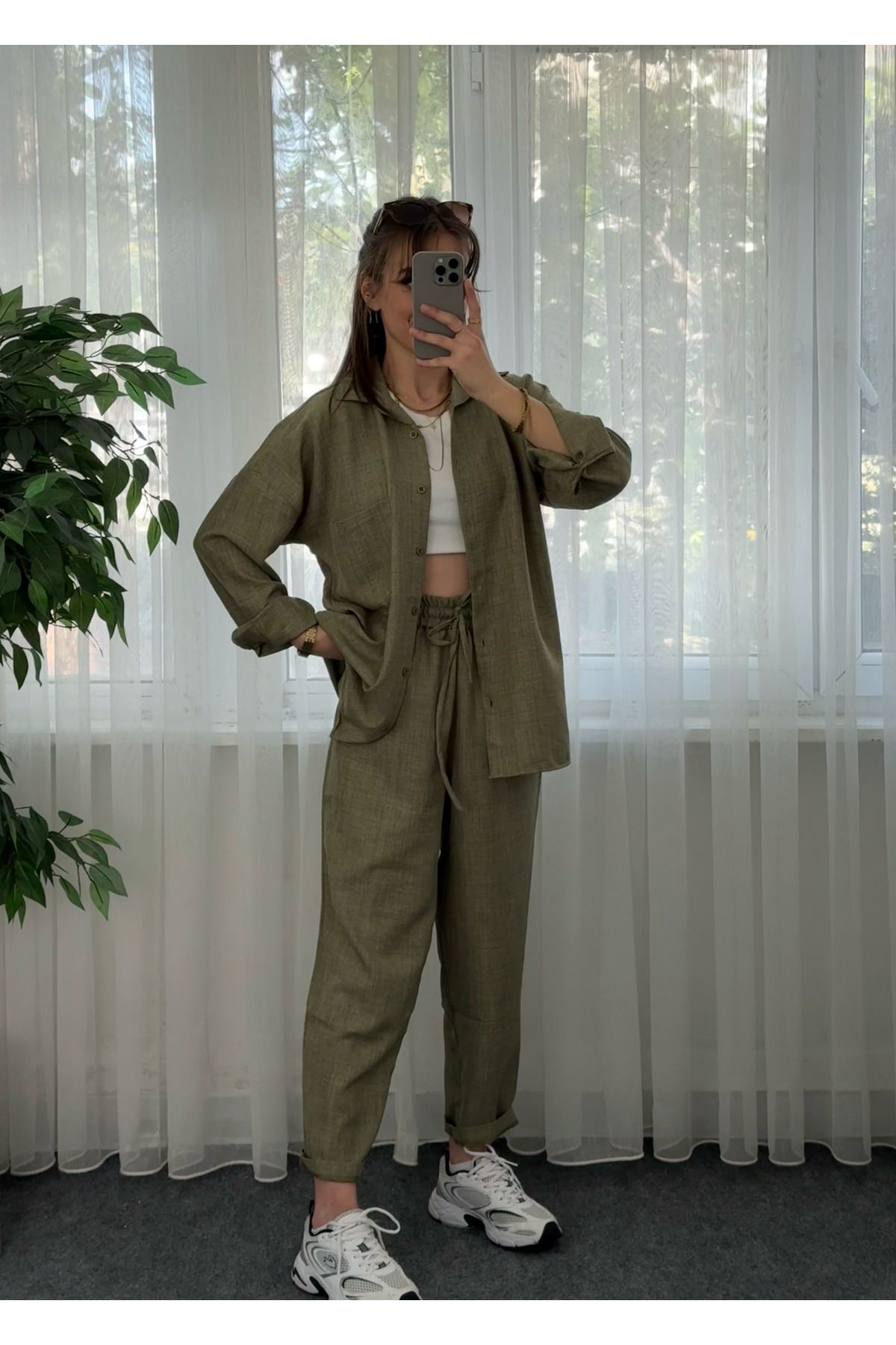 LUVESSE Sorella Haki Keten Gömlekli Takım