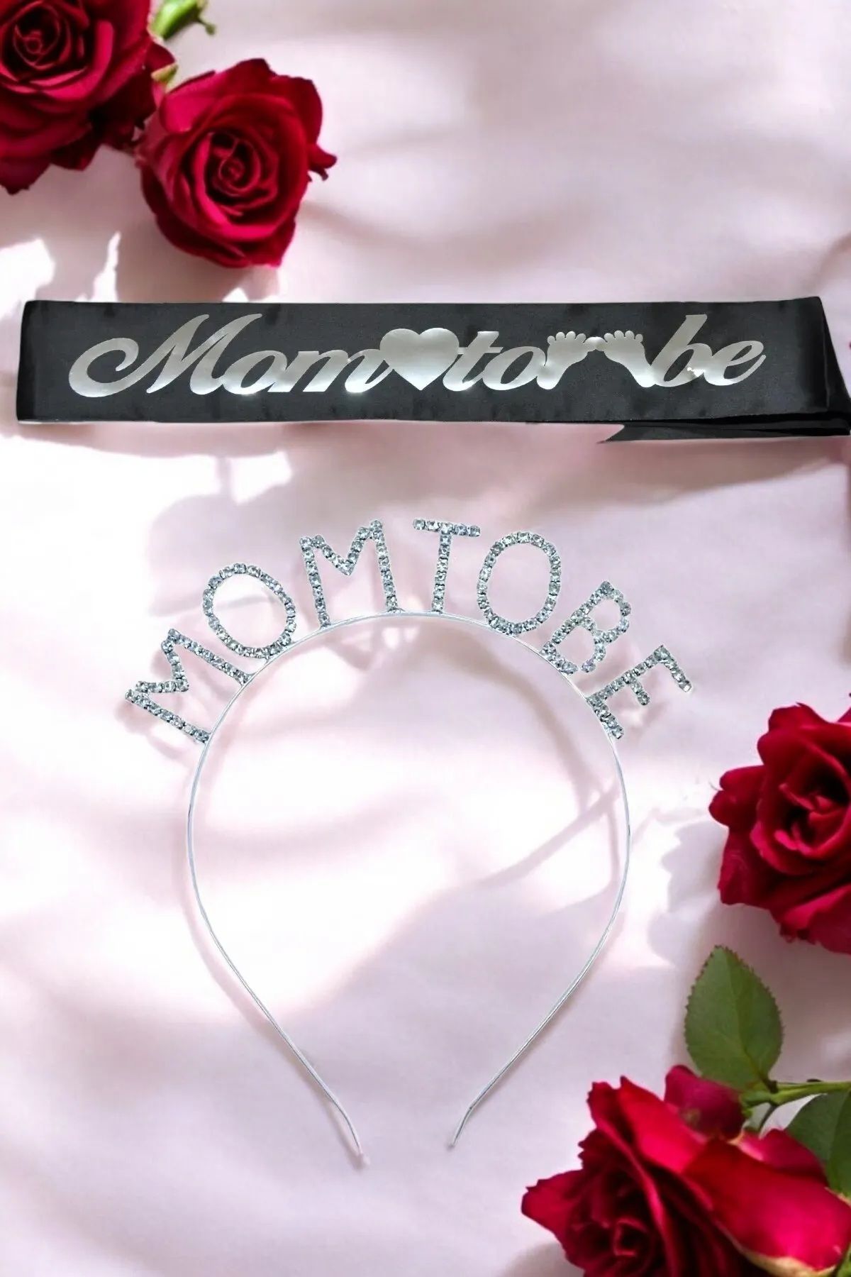 Azebu Mom To Be Metal Taç Ve Kuşak & Baby Shower Set & Siyah Gümüş Kuşak Taşlı Gümüş Taç