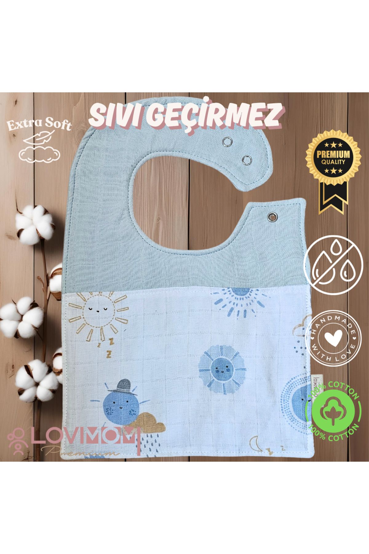 lovimom Premium %100 Pamuk Ekstra Soft 2 Katlı Su Geçirmez Müslin Bebek Mama Önlüğü Çıtçıtlı Sunshin 0-2 Yaş