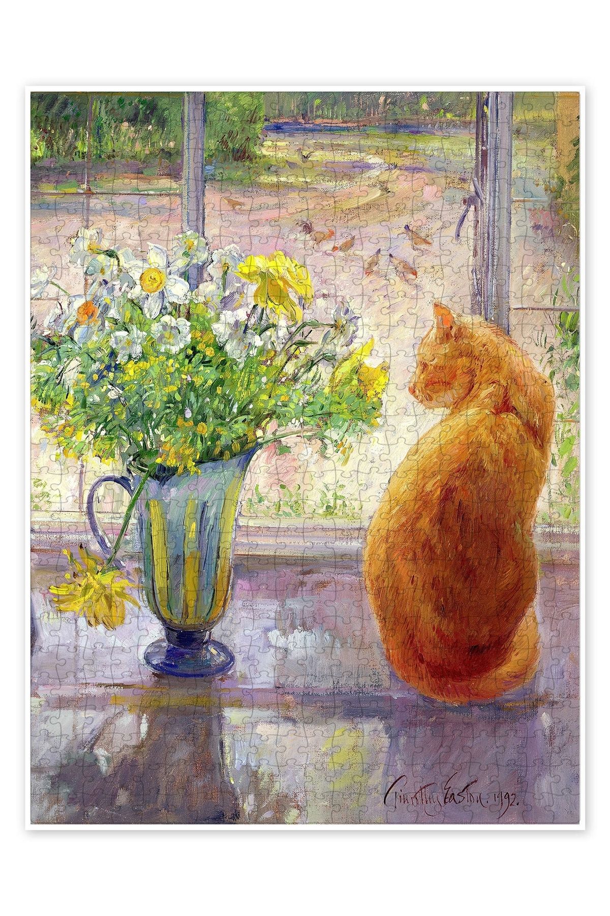 Jeronkarji Pencerede çiçekli kedi 500 Parça Puzzle Yapboz Mutfak Temalı Yetişkinler için