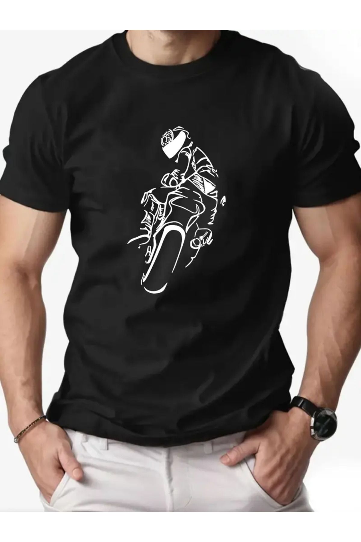 AEMİ Unisex Moto Race Baskılı Oversize Bisiklet Yaka T-shirt