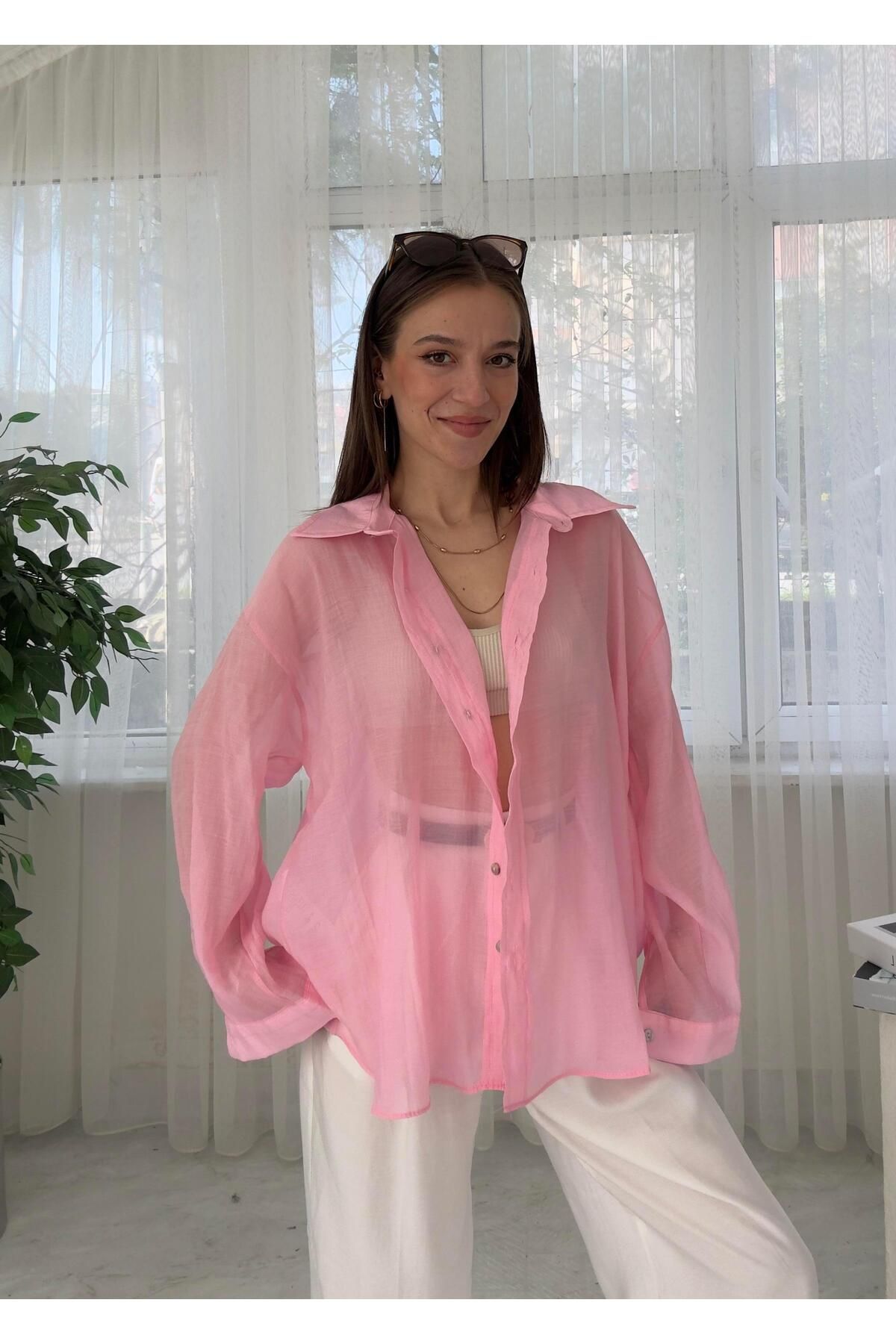 LUVESSE Voly Pembe İpeksi Oversize Gömlek