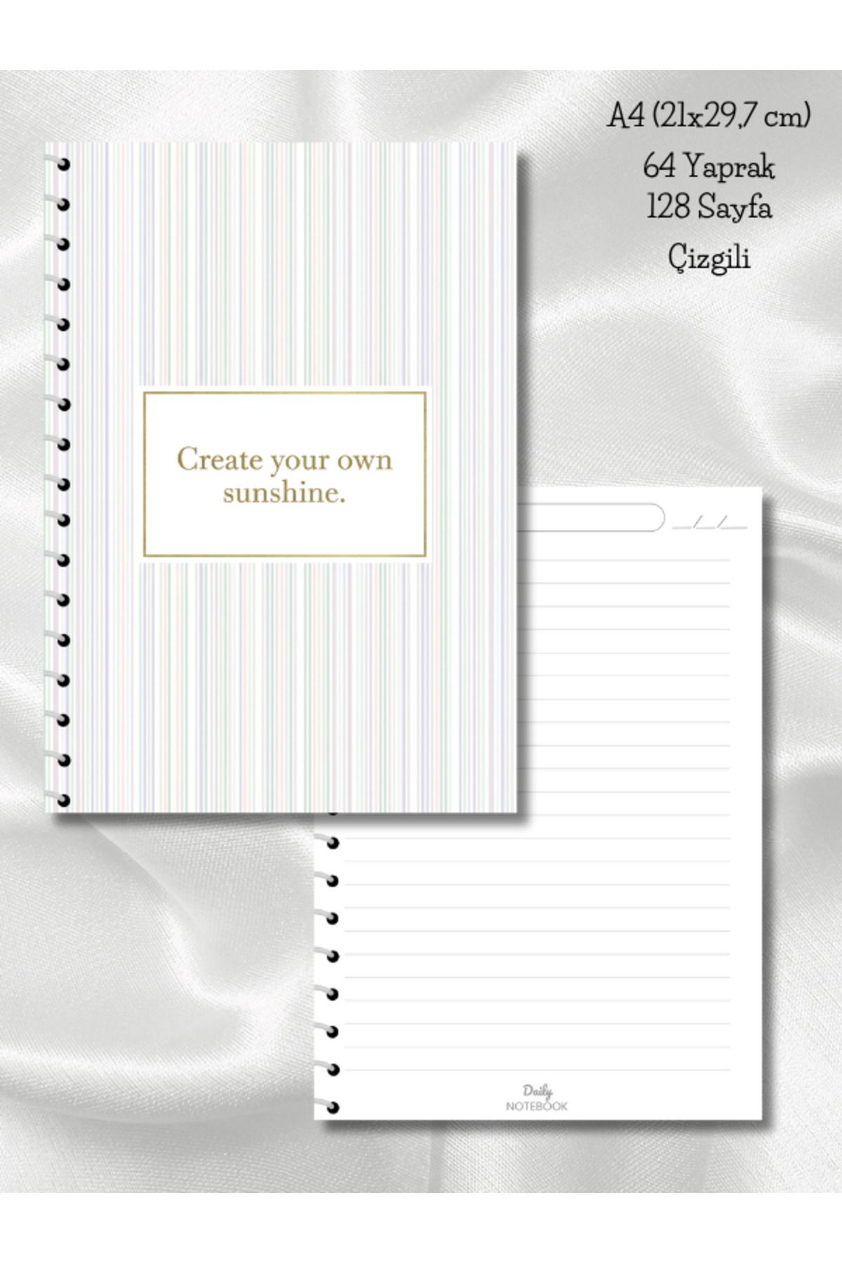 daily notebook Pastel Çizgili Okul Defteri,64 Yaprak Spiralli A4 Büyük Boy (21x29,7 cm) Boyutunda