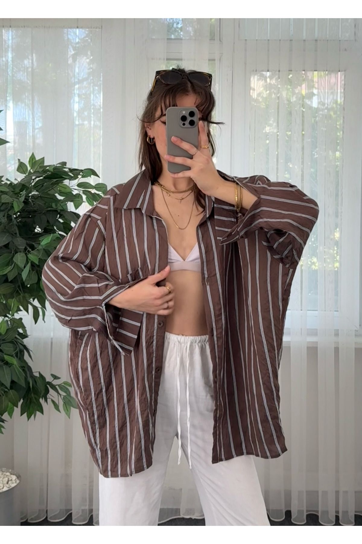 LUVESSE Çizgili Kahverengi Crush Gömlek