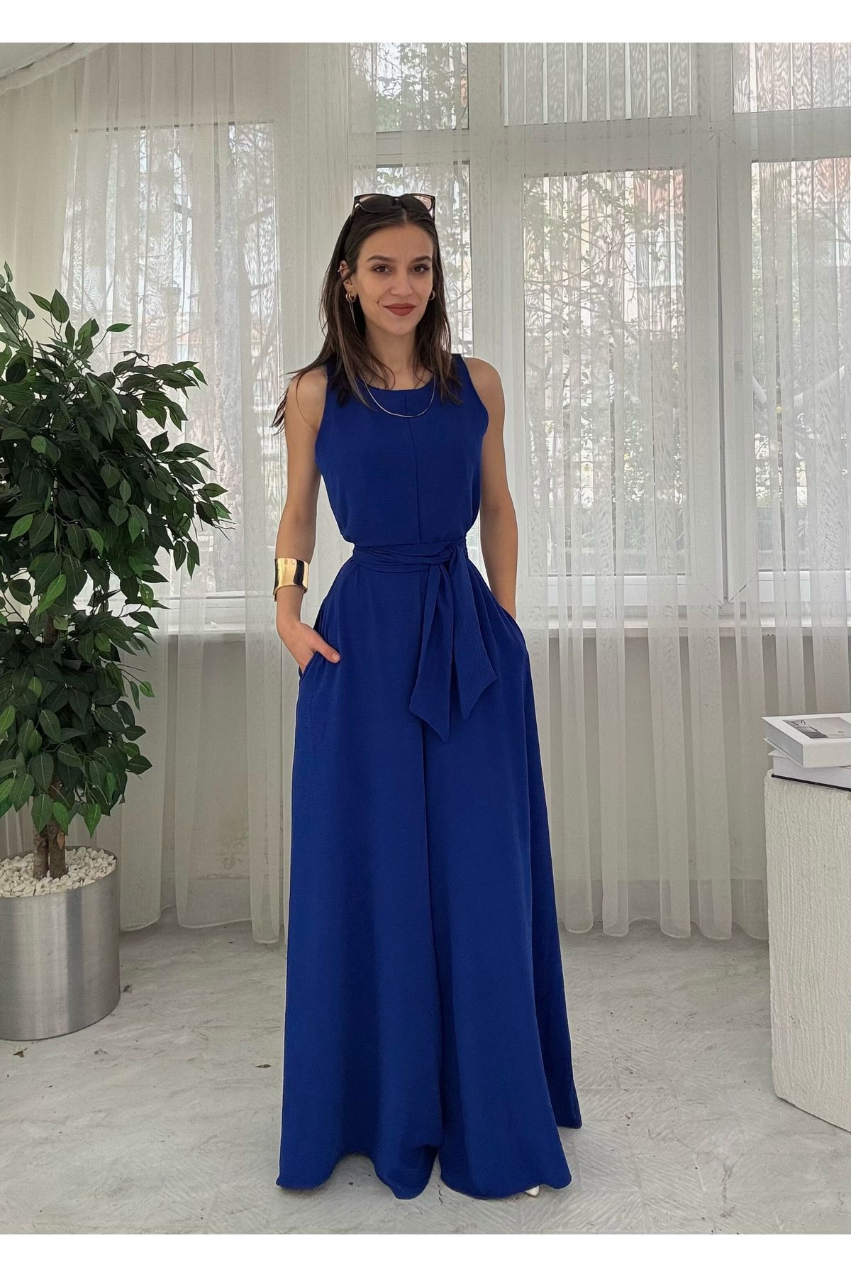 LUVESSE Ares Saks Mavi Ayrobin Kuşaklı Tulum