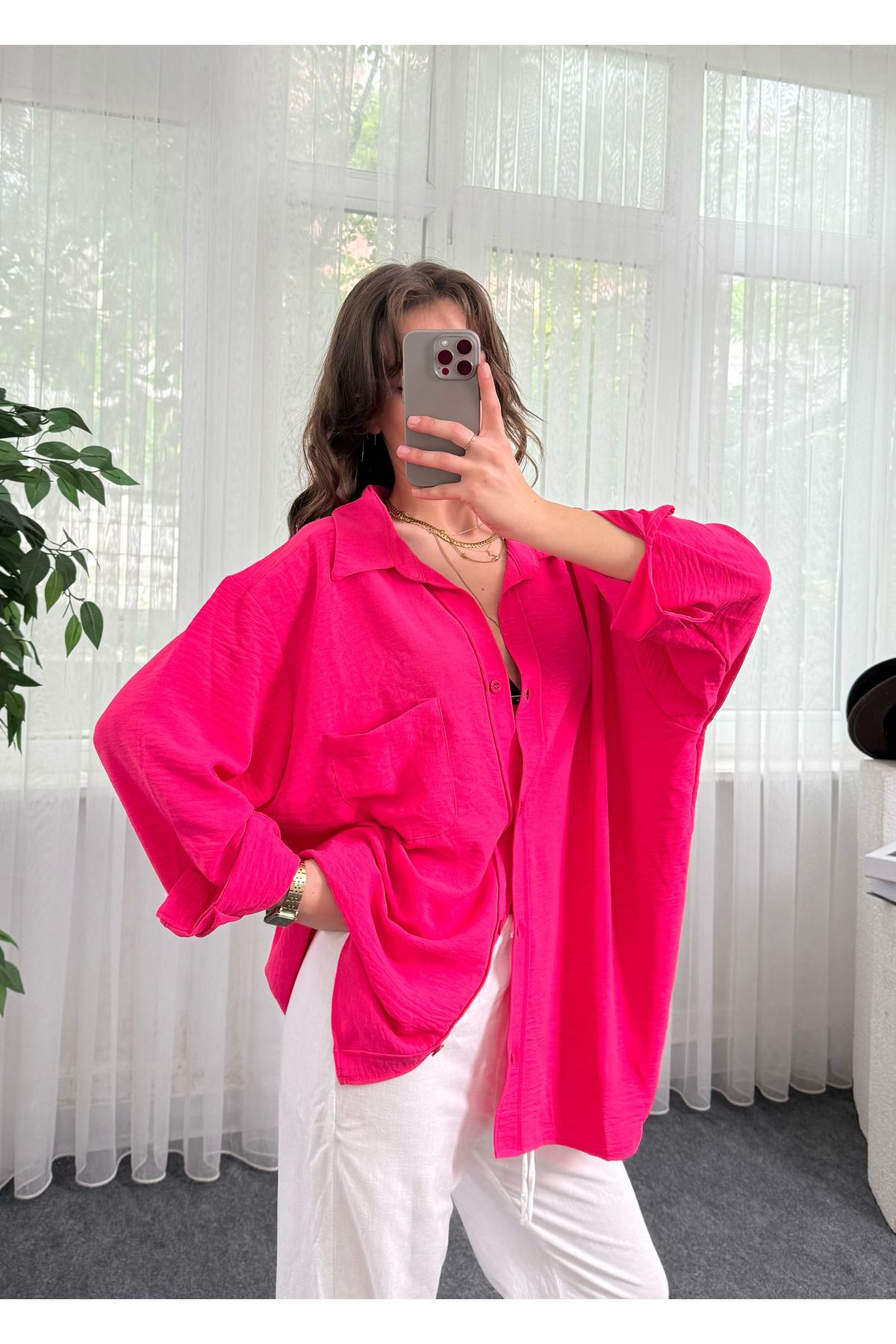 LUVESSE Pembe İthal Ayrobin Tek Cepli Oversize Gömlek