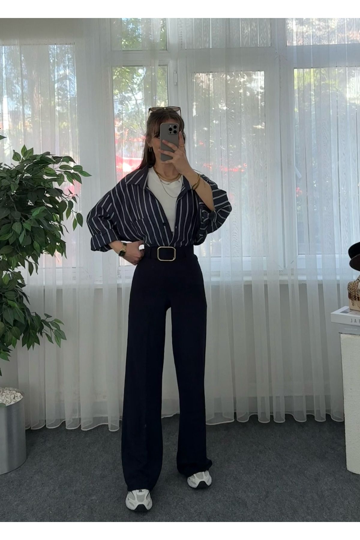 LUVESSE Riva Lacivert Krep Kemerli Palazzo Pantolon