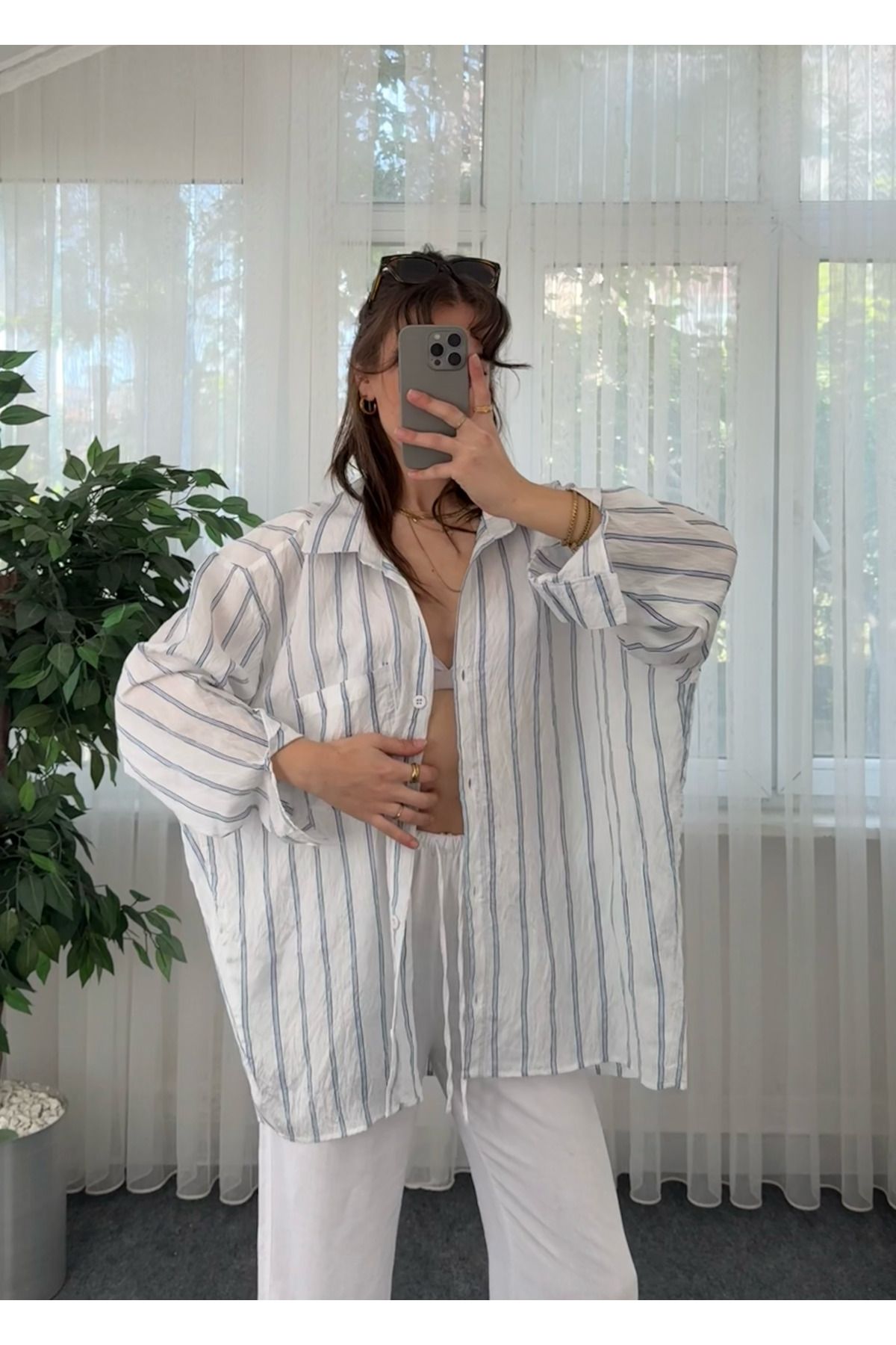 LUVESSE Çizgili Beyaz Crush Gömlek