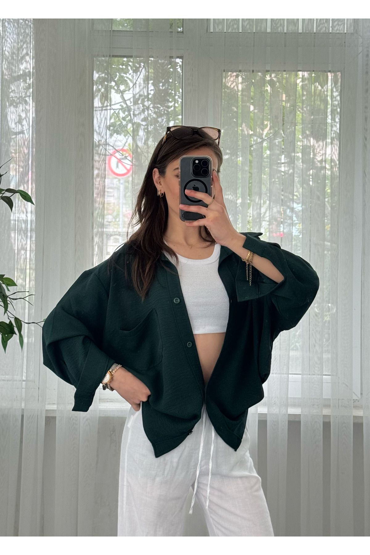 LUVESSE Zümrüt İthal Ayrobin Tek Cepli Oversize Gömlek