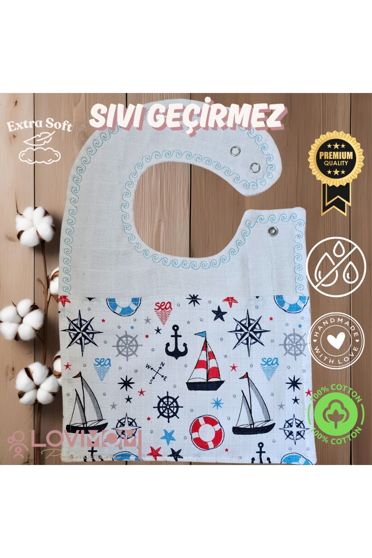 lovimom Premium %100 Pamuk Ekstra Soft 2 Katlı Su Geçirmez Müslin Bebek Mama Önlüğü Çıtçıtlı Sailor 0-2 Yaş