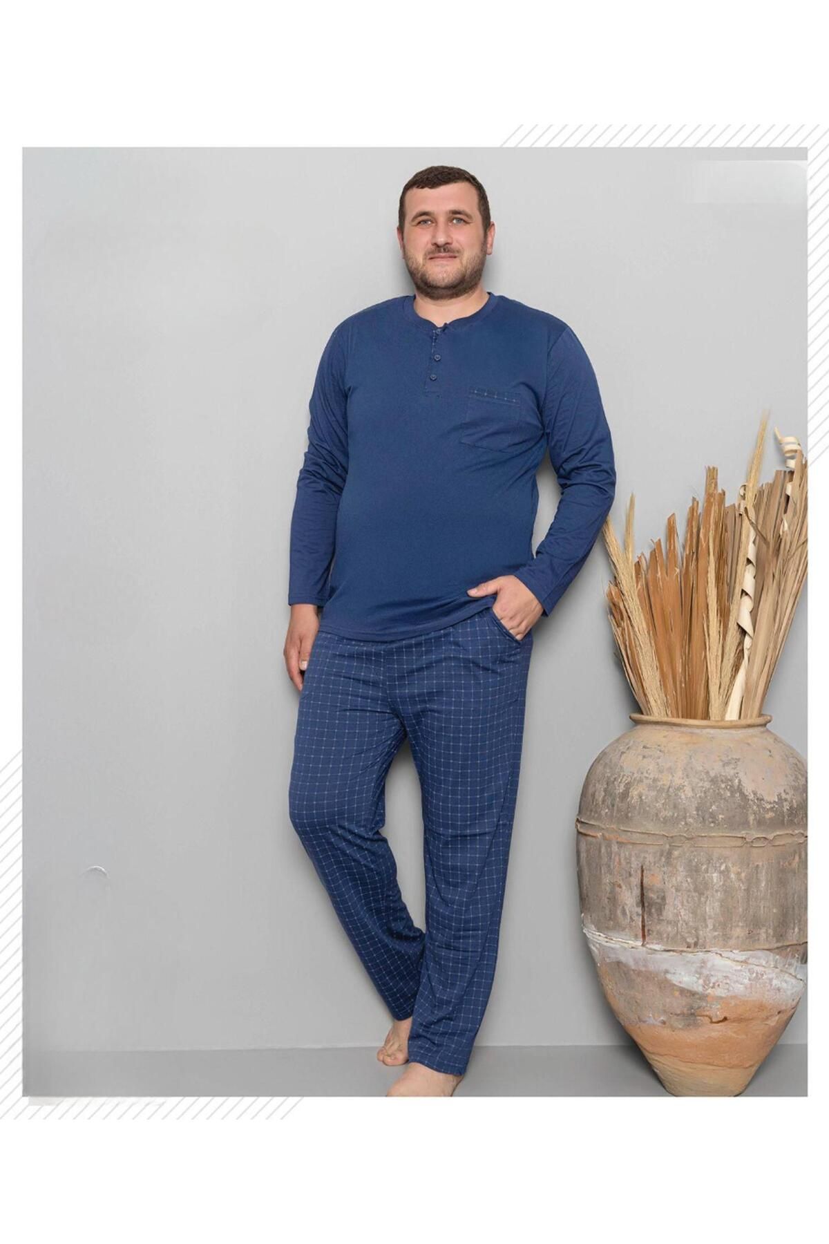 Pijamoni Erkek Battal Düğme Yaka Penye Uzun Kol Pijama Takımı 6720/9 - 1 Adet