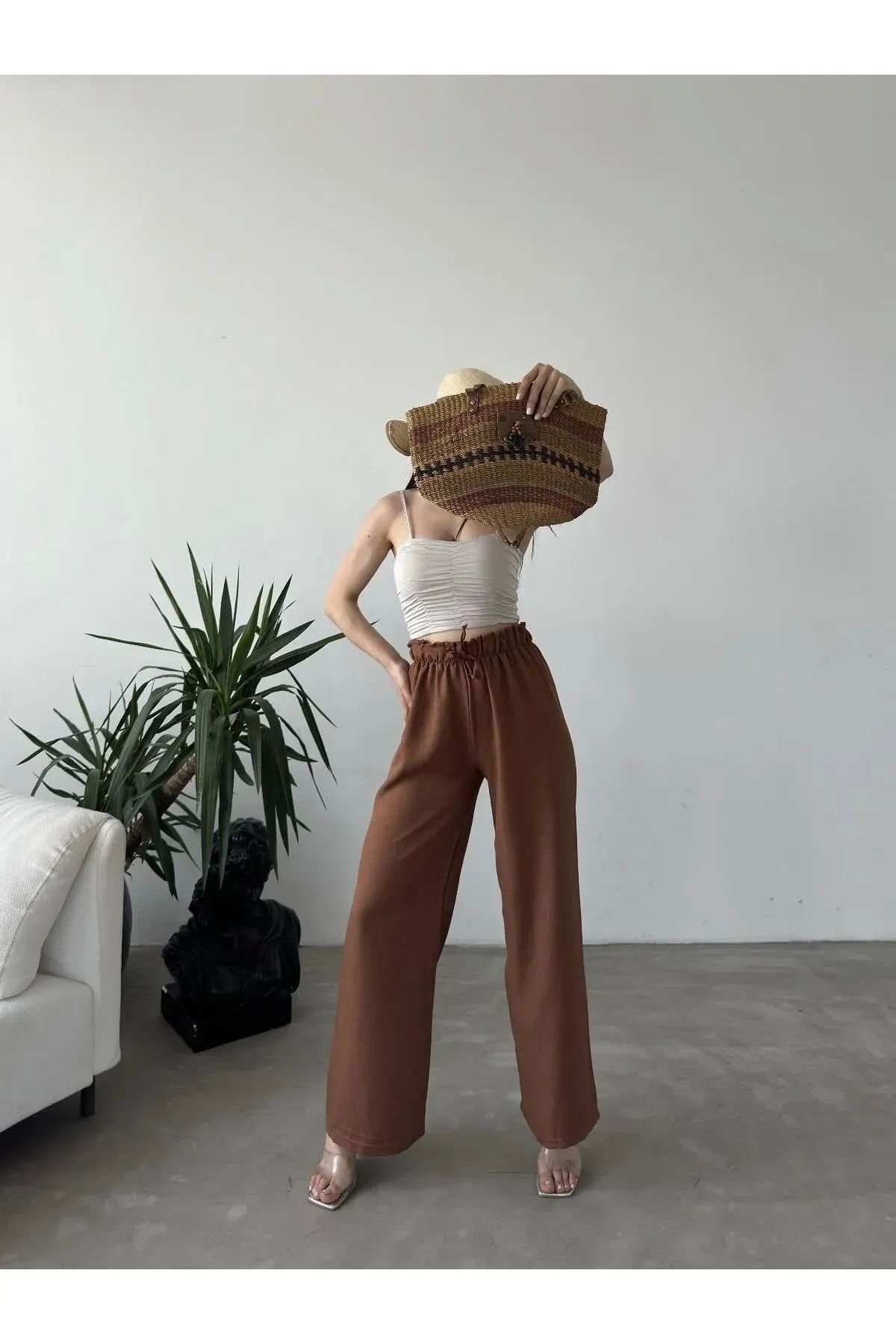 Omarı Yüksek Bel Kadın Pantolon - Kahverengi Stil Tesettür Kombin İçin