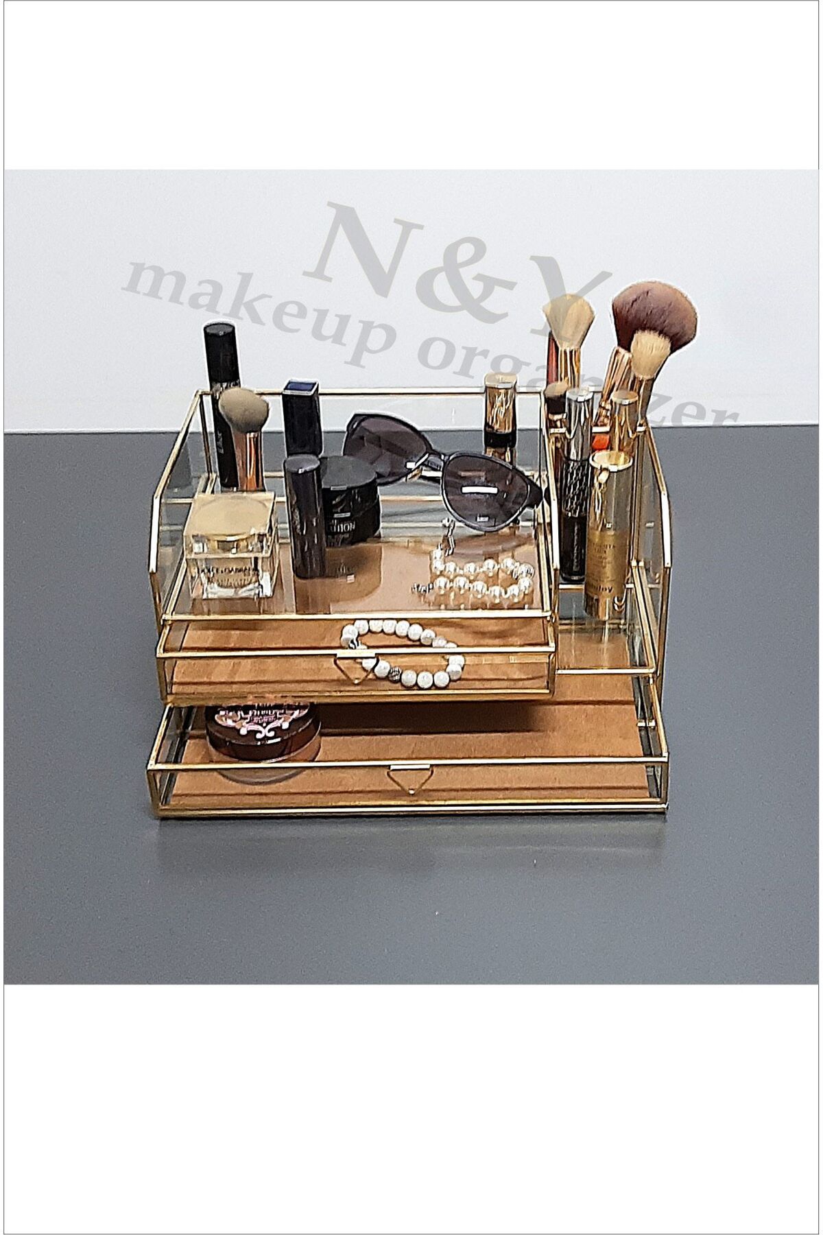 N&Y makeup organizer Brass Glass 411 t çift çekmeceli makyaj organizer SOFT GOLD