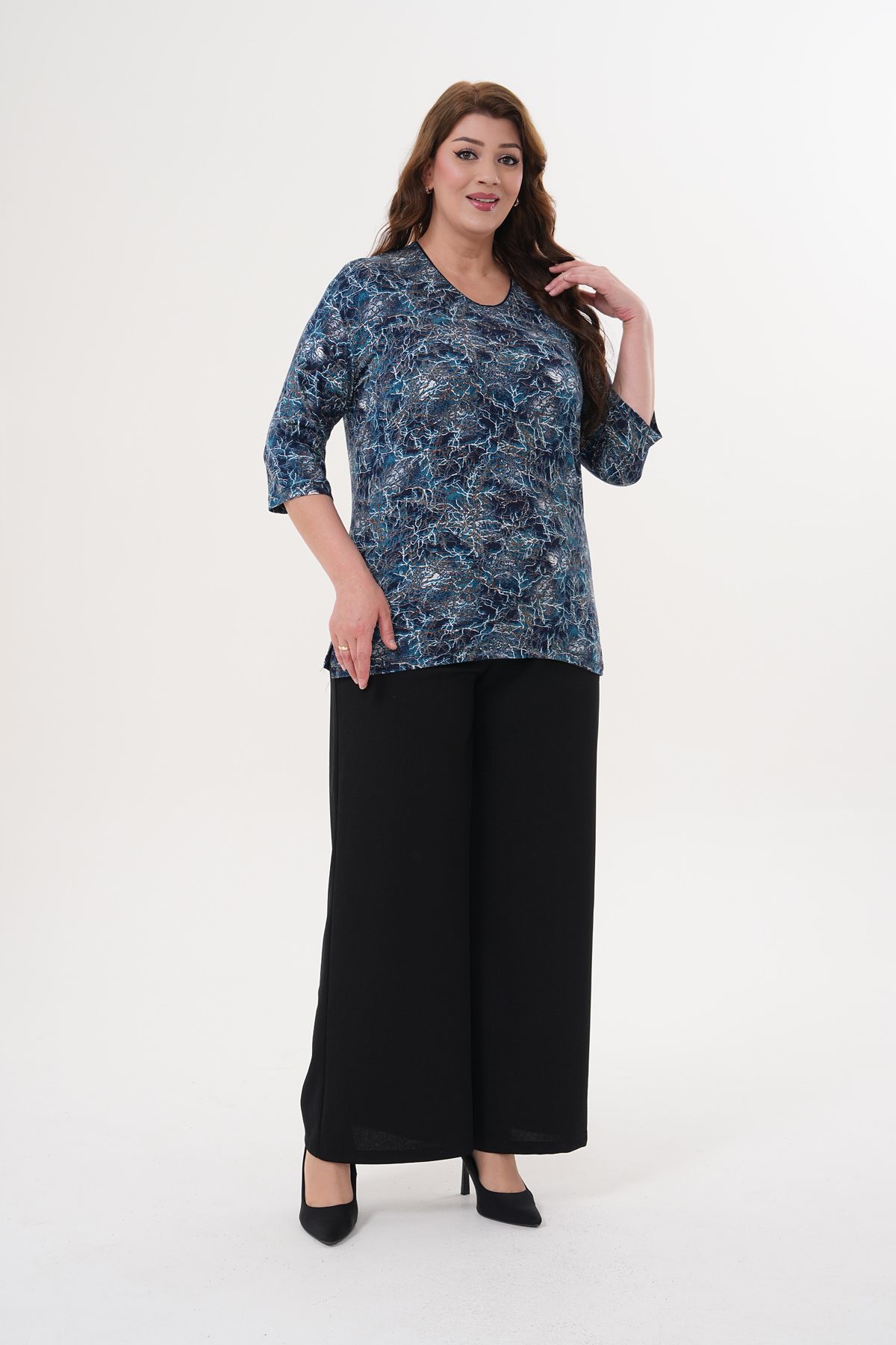 Butik Büyük Beden Yeni Sezon Kapri Kol Yarım Kol Desenli Geniş Kalıp Esnek Rahat Viskon Anne Bluz