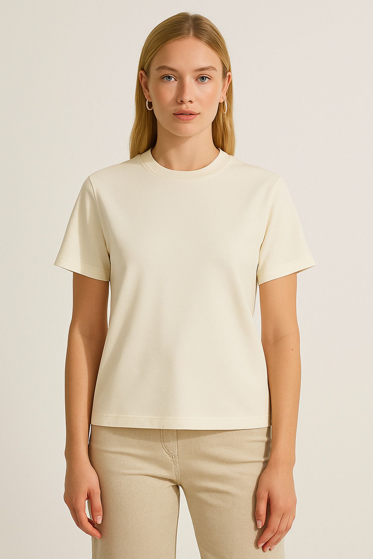 Cherry Lane Kadın Oversize Basic Kısa Kollu Bisiklet Yaka Krem Tshirt