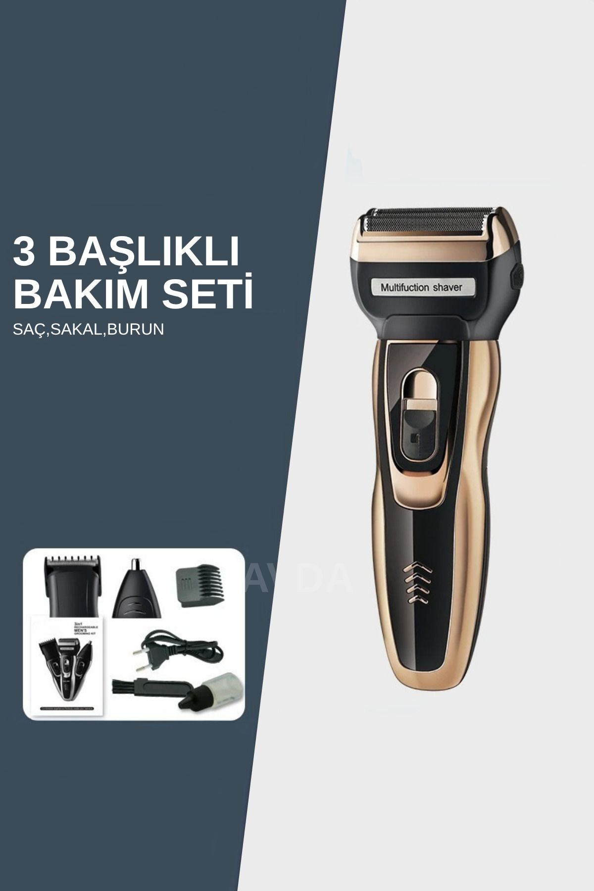 AVDA old 3 Başlıklı Şarjlı Tıraş Makinesi – T Bıçak, Ense Sıfırlayıcı, Burun Başlığı