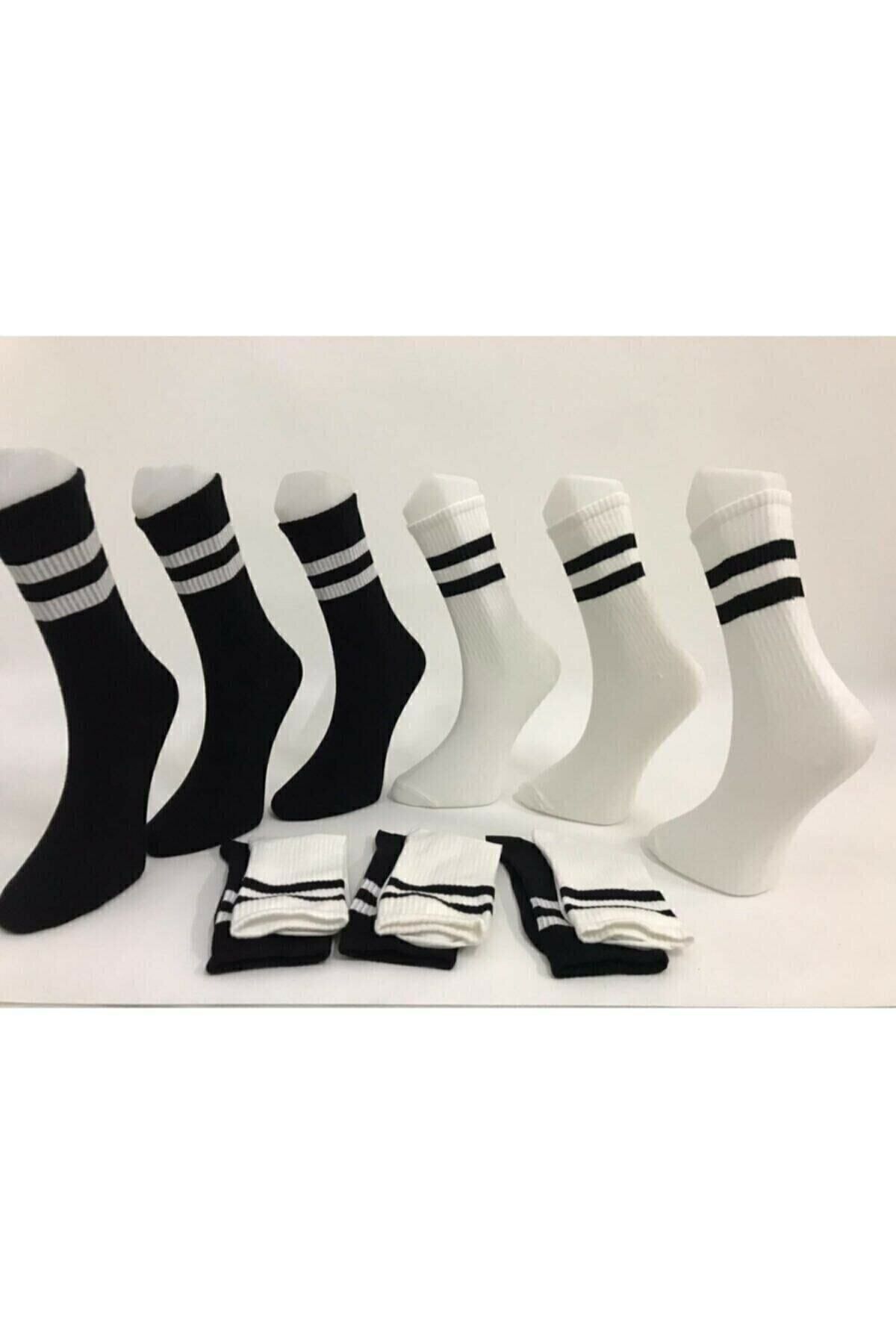SİERNA Unisex 6' Lı Siyah Beyaz Uzun Çizgili Tenis Çorabı srn-002966