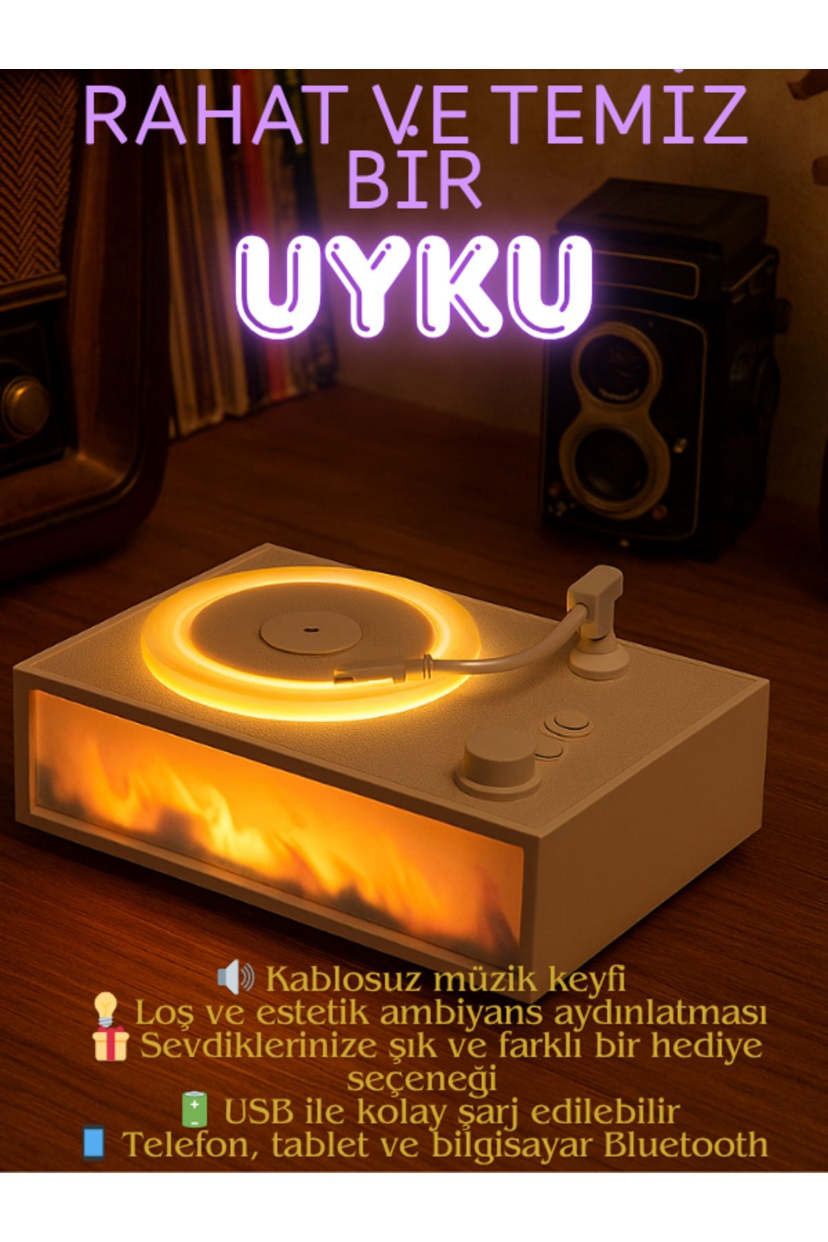 Qifit Aromaterapi Difüzör LED Işıklı Bluetooth Hoparlör Retro Dekoratif Gece Lambası Masa Üstü