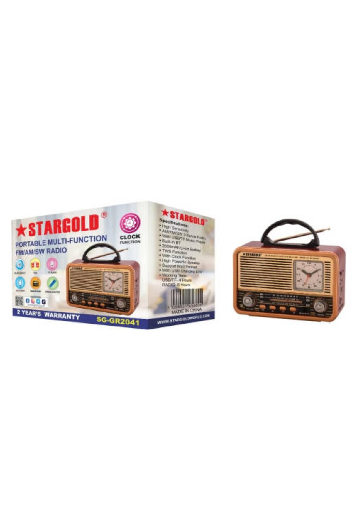 Generic-راديو STARGOLD Retro FM/AM/SW بلوتوث مع مشغل MP3 USB/TF وساعة وبطارية 2000 مللي أمبير في الساعة 2