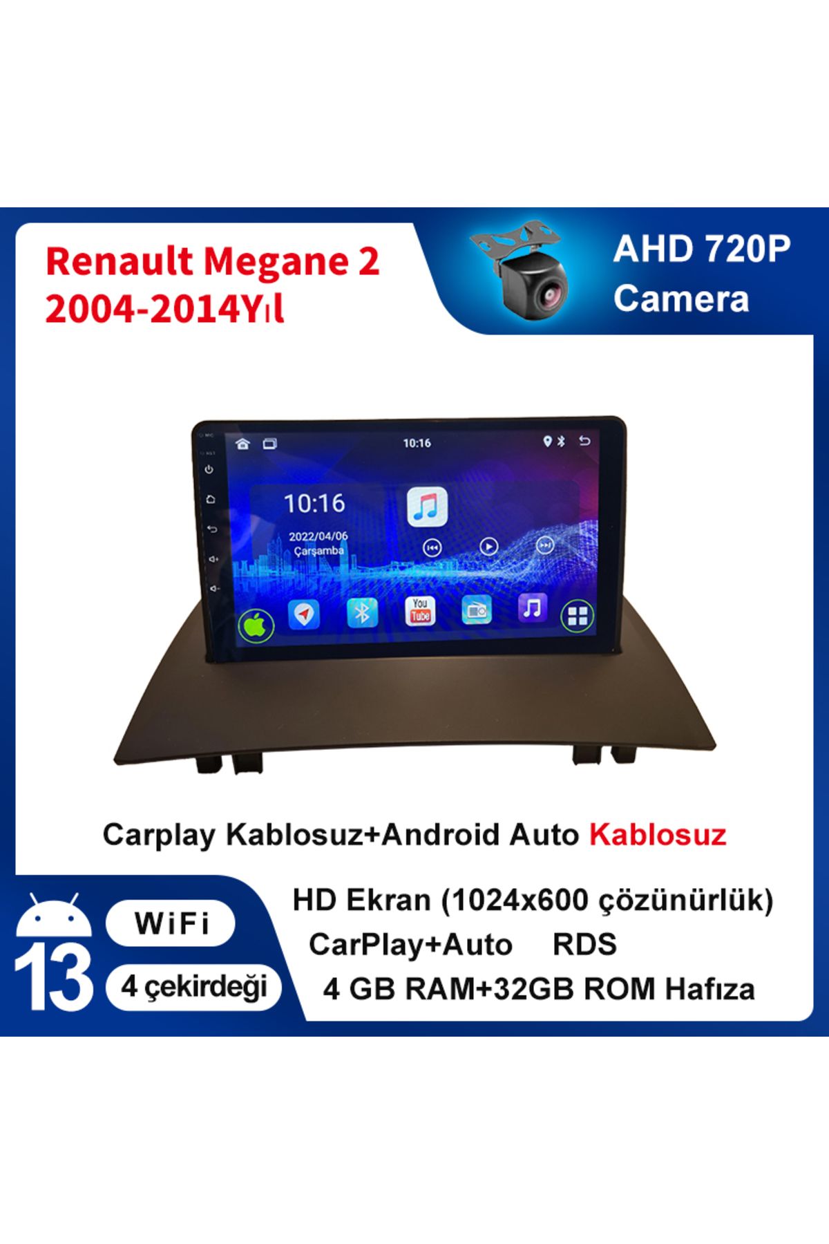 coni Renault Megane 2 2004-2014Yıl 4GB Ram 32GB Rom Multimedya Kablosuz Carplay Navigasyon kamera hediye