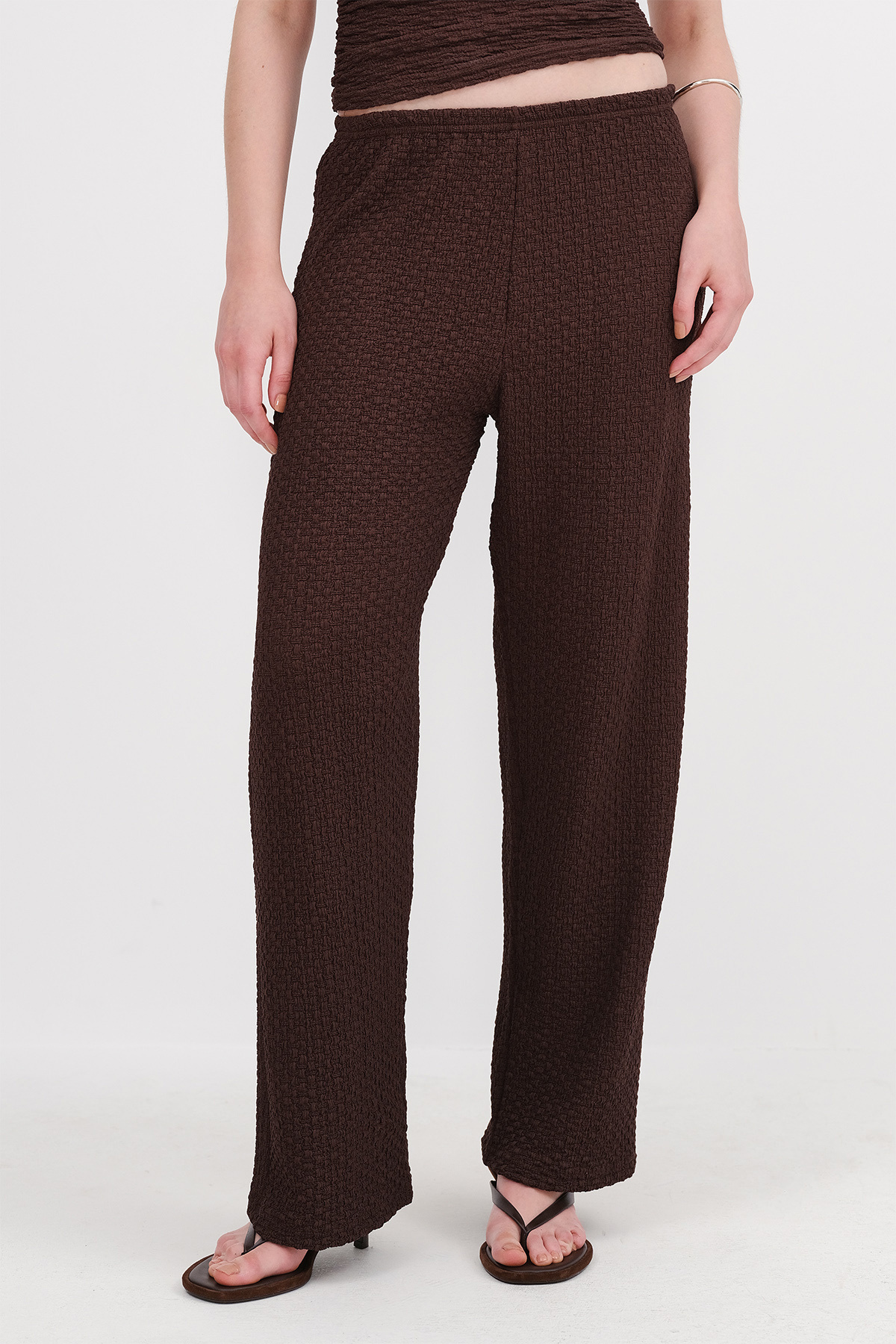 Addax-Textured Wide Leg Trousers with Elastic Waist Pn326-T2 2