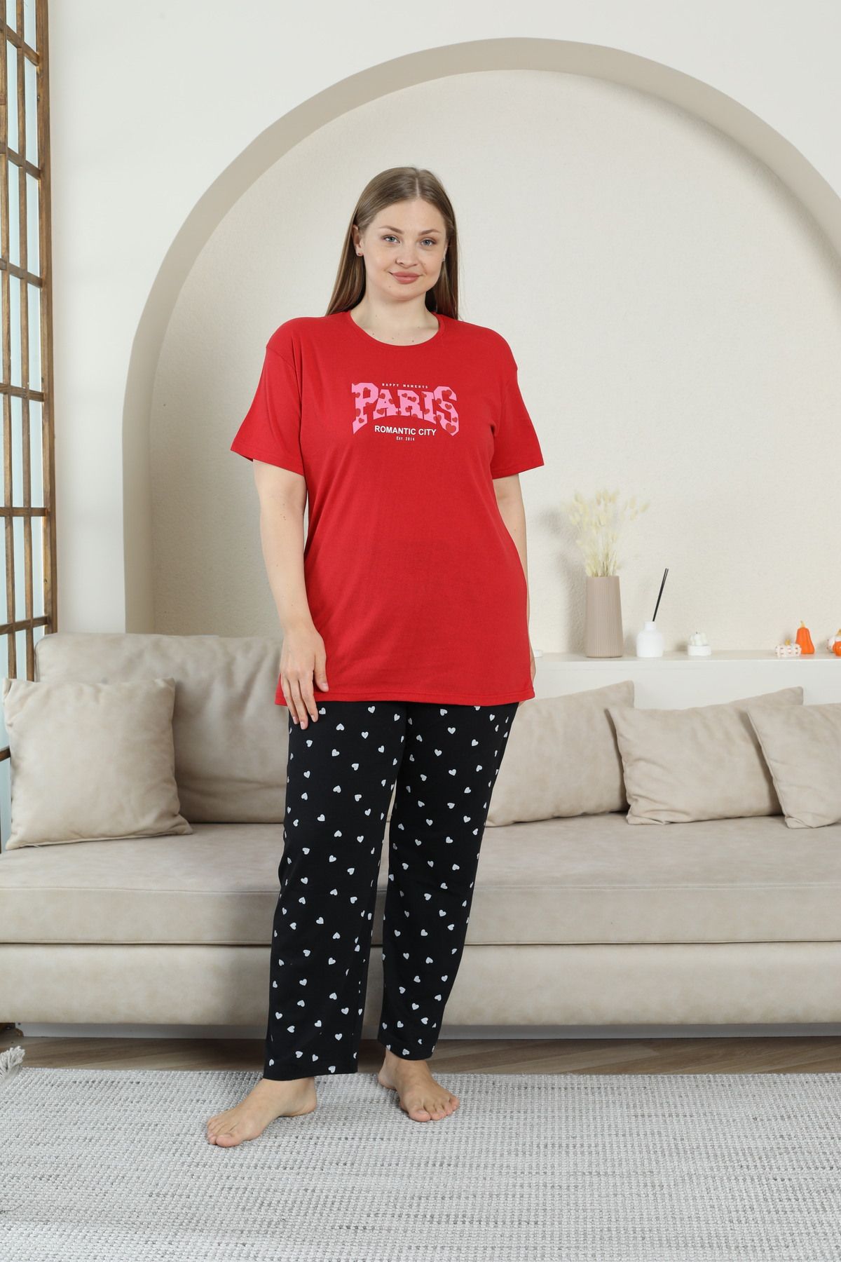 FAMESTEKSTİL PAMUKLU BÜYÜK BEDEN PİJAMA TAKIMI PARİS BASKILI ALT KALPLİ