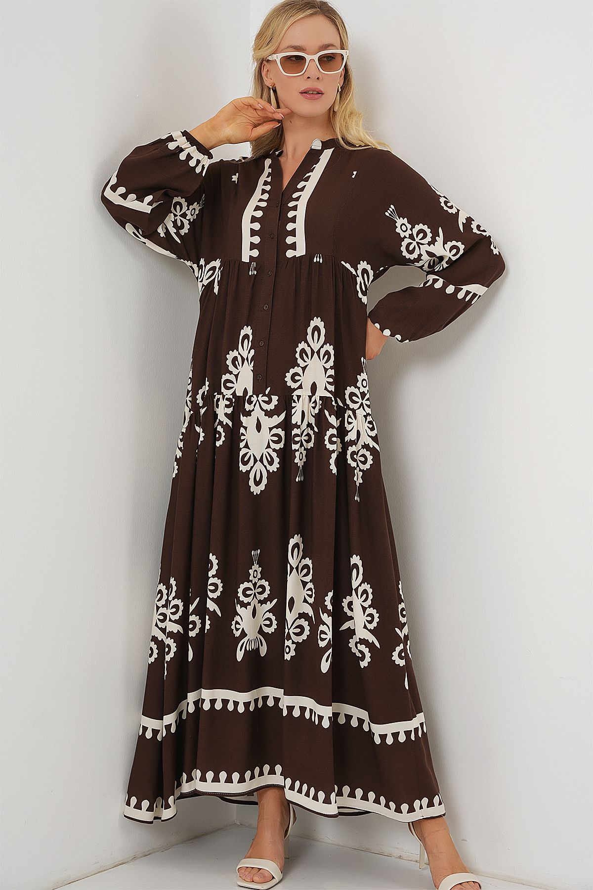 Bigdart-2423 Authentic Patterned Hijab Dress - Dark Brown 3