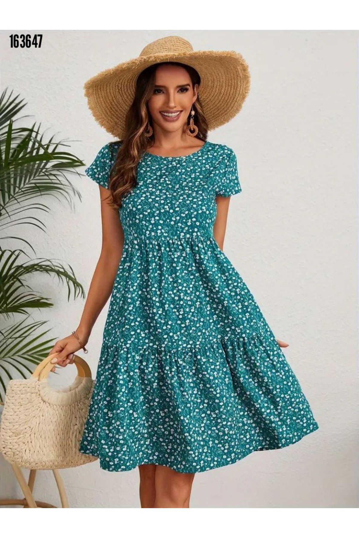 Kokosh moda Kadın Bisiklet Yaka Çiçek Desenli Kısa Kollu Süprem Kumaş Elbise
