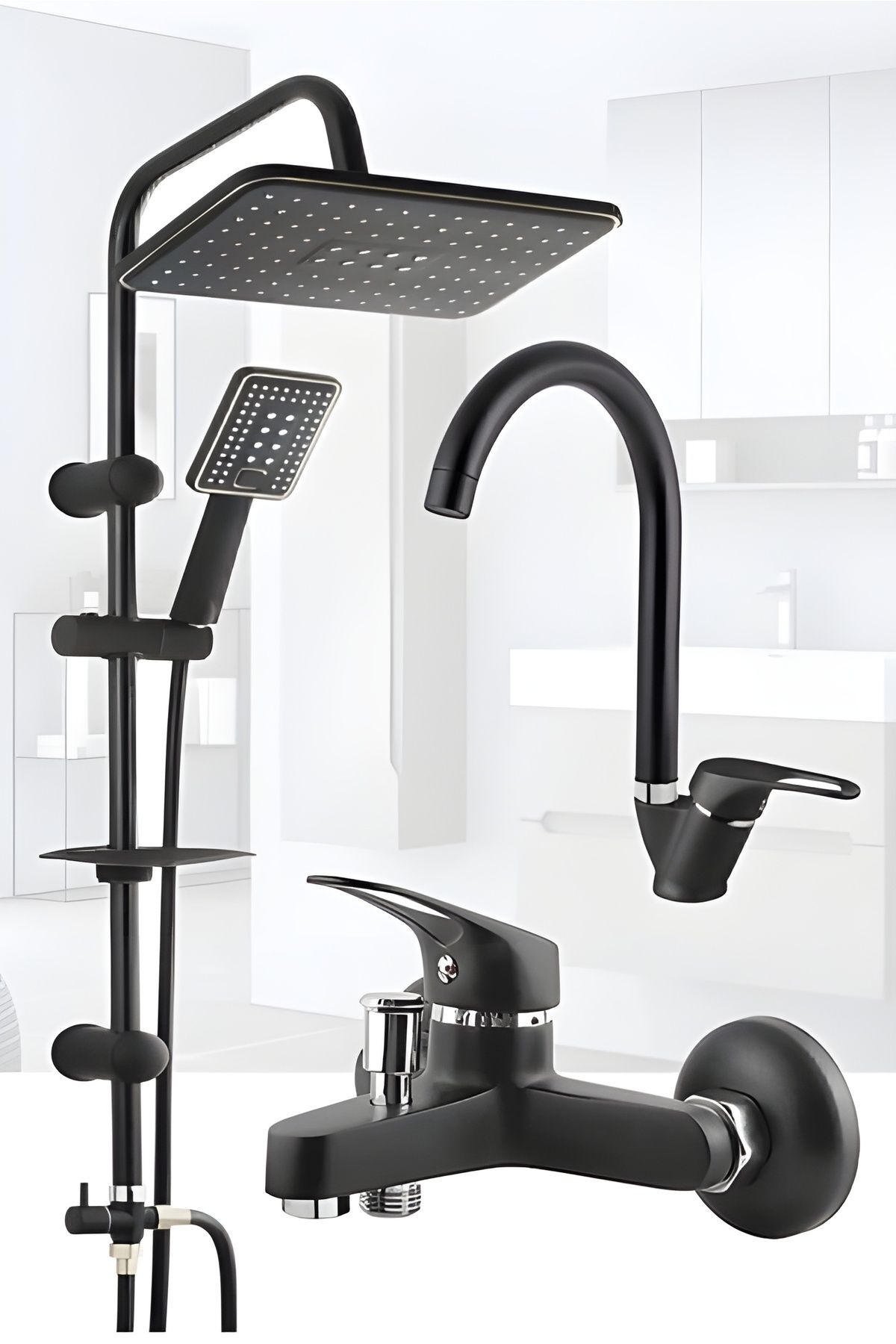 Tegin Yapı Market Siyah Robot Yağmurlama Duş Seti Mix Siyah Banyo Lavabo Bataryası Seti